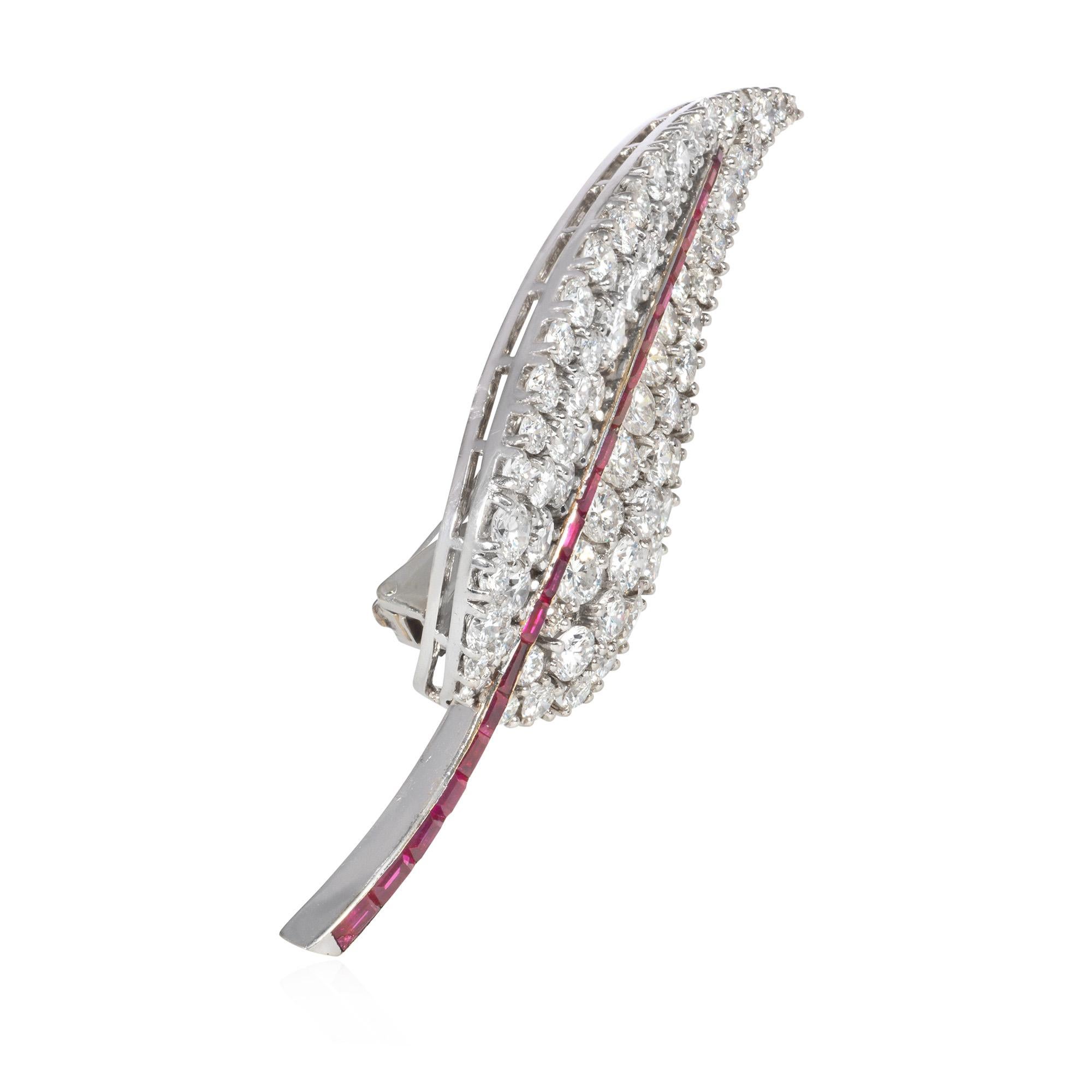 Baguette Cut French 1950s Diamond Leaf Brooch with Interchangeable Multi-Gem Spine Inserts