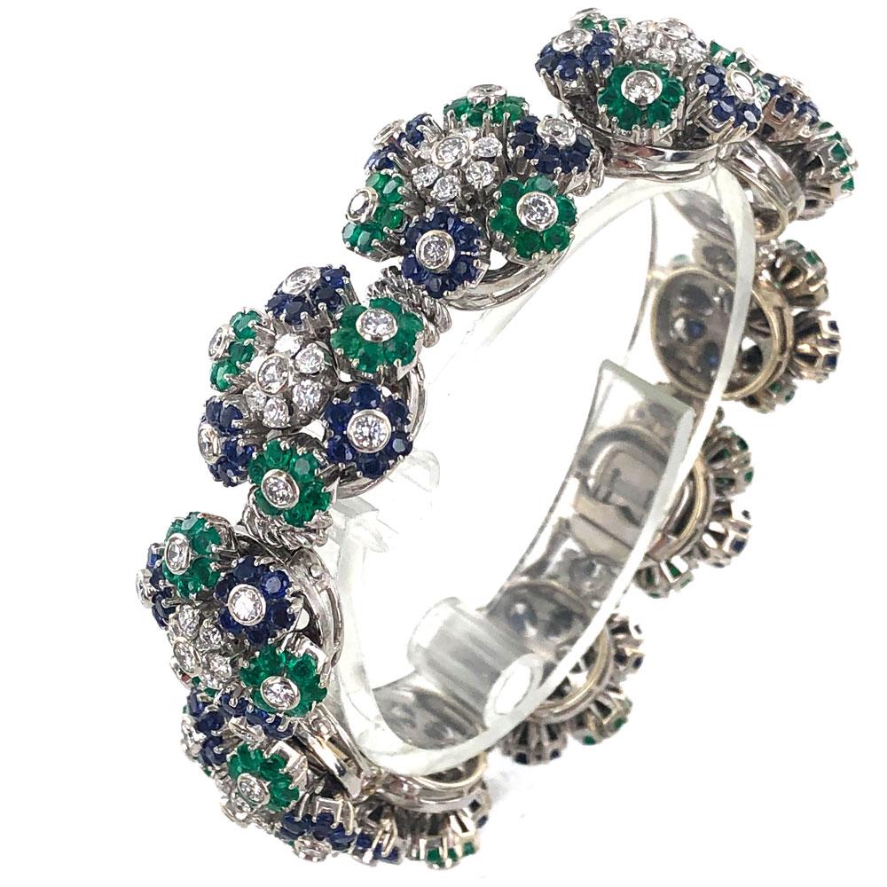 Modern  1950s French Diamond Natural Sapphire & Emerald Floral 18 Karat Gold Bracelet