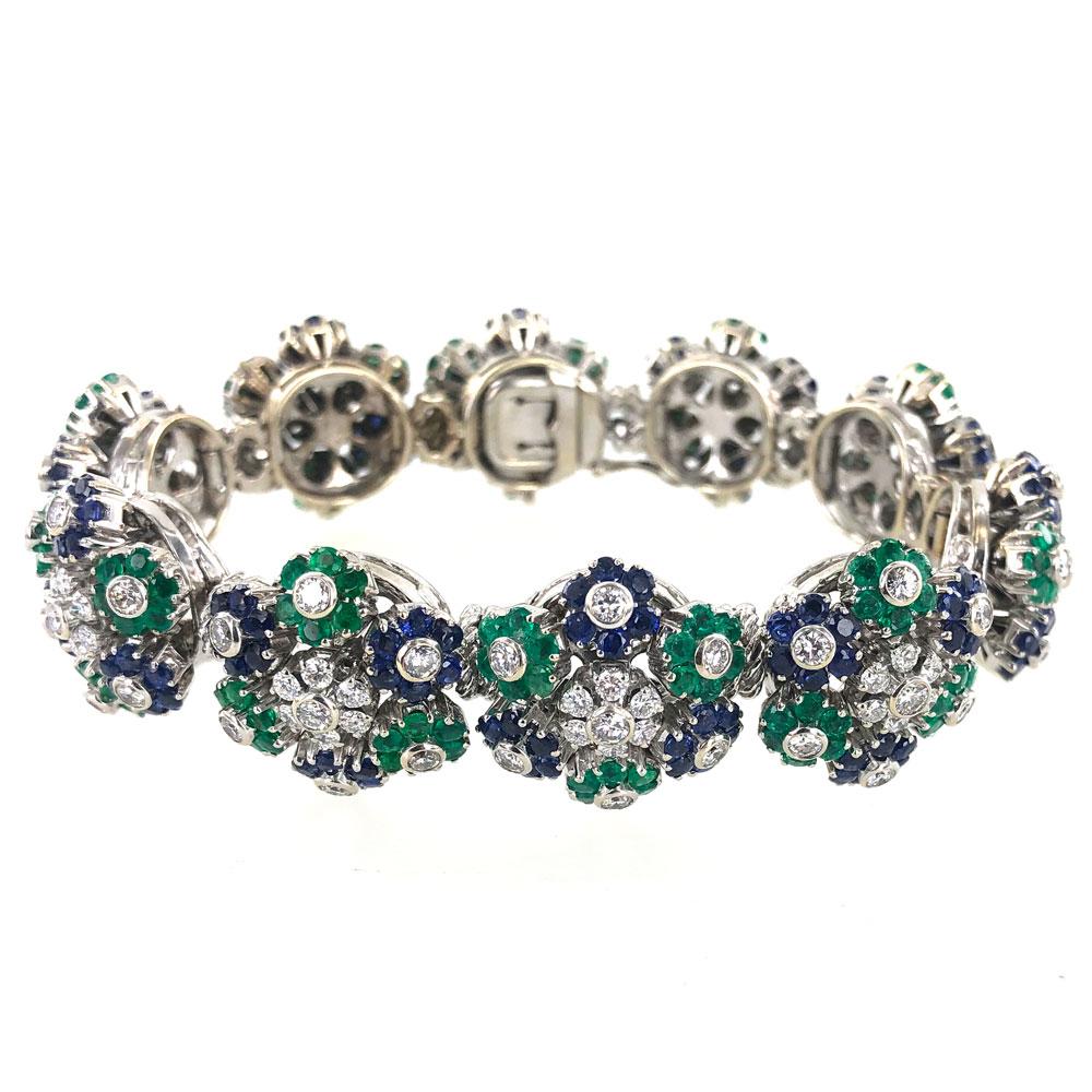 Round Cut  1950s French Diamond Natural Sapphire & Emerald Floral 18 Karat Gold Bracelet
