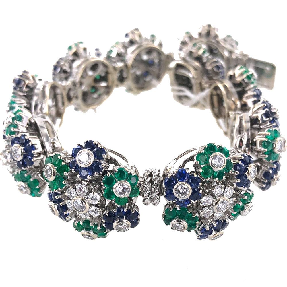  1950s French Diamond Natural Sapphire & Emerald Floral 18 Karat Gold Bracelet In Excellent Condition In Boca Raton, FL