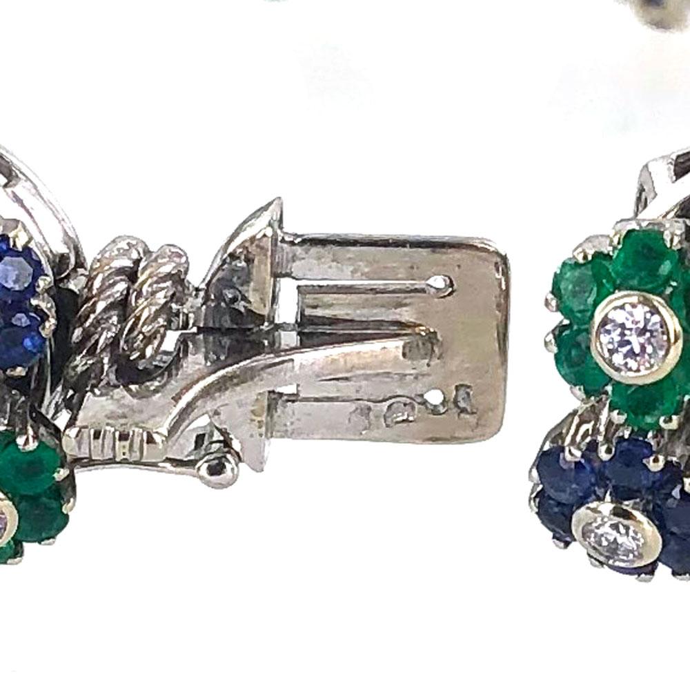 Women's  1950s French Diamond Natural Sapphire & Emerald Floral 18 Karat Gold Bracelet