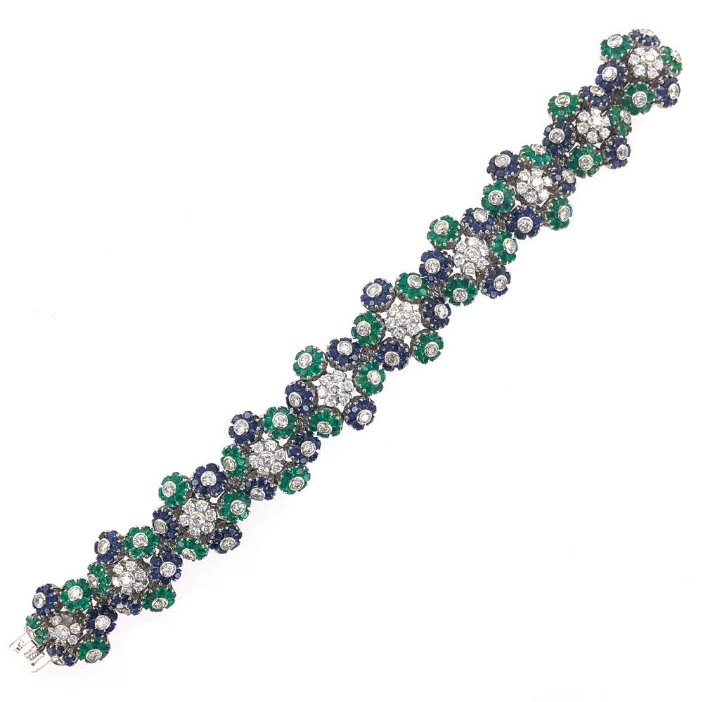  1950s French Diamond Natural Sapphire & Emerald Floral 18 Karat Gold Bracelet
