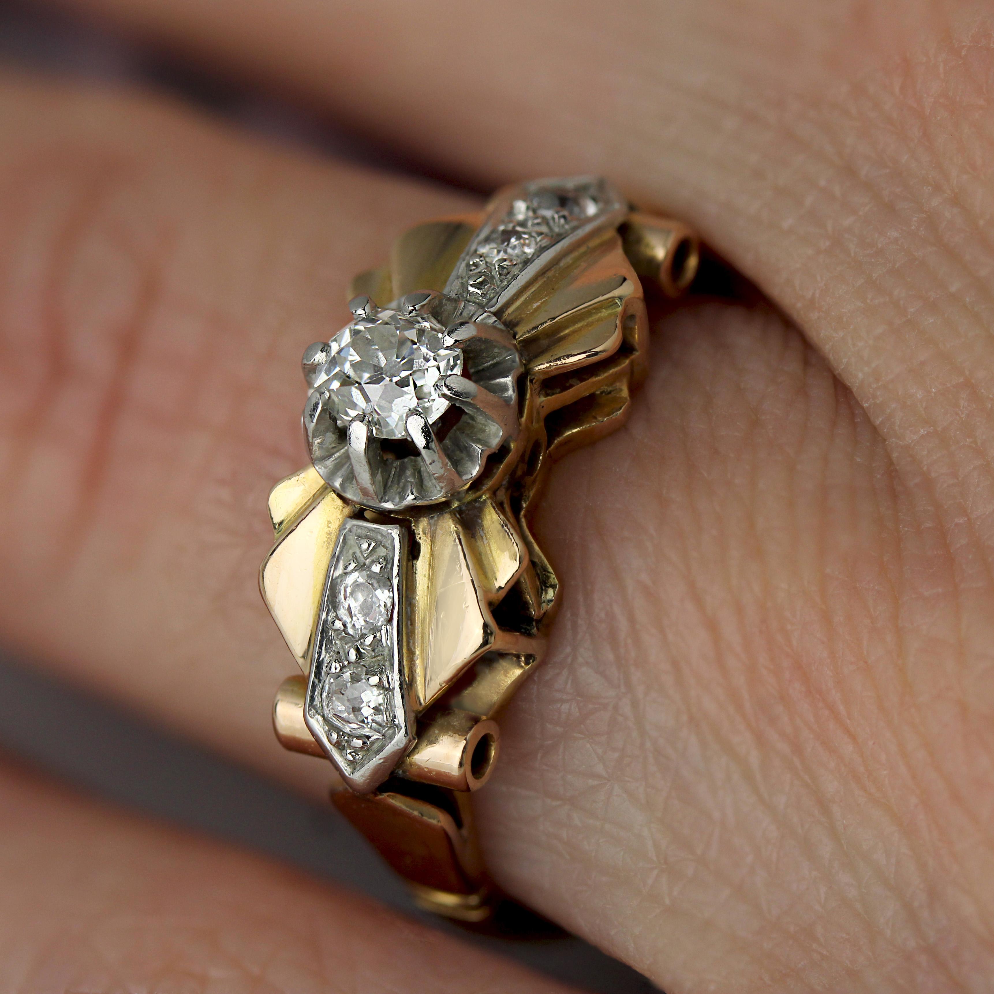 French 1950s Diamonds 18 Karat Rose Gold Knot Ring For Sale 7