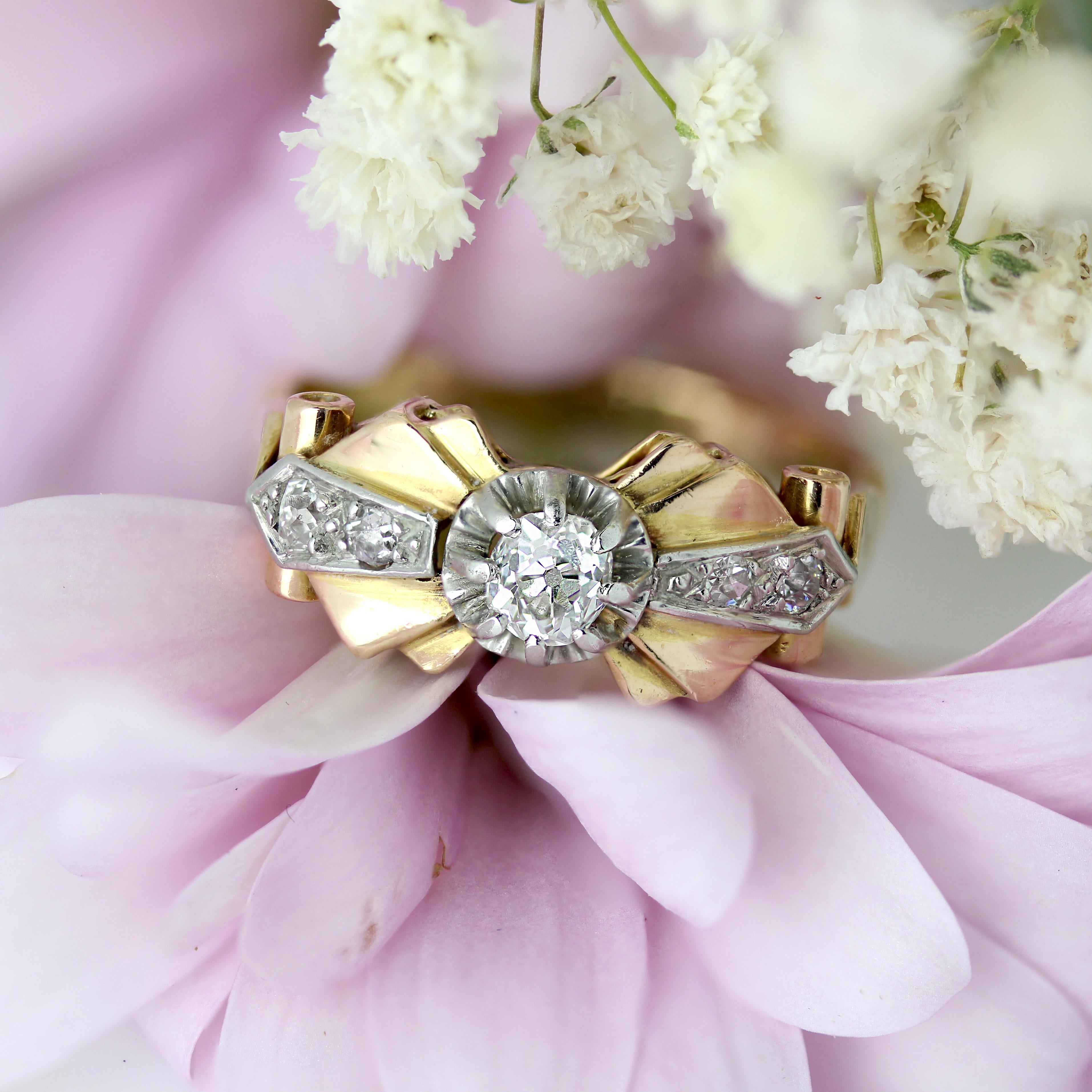 Retro French 1950s Diamonds 18 Karat Rose Gold Knot Ring For Sale