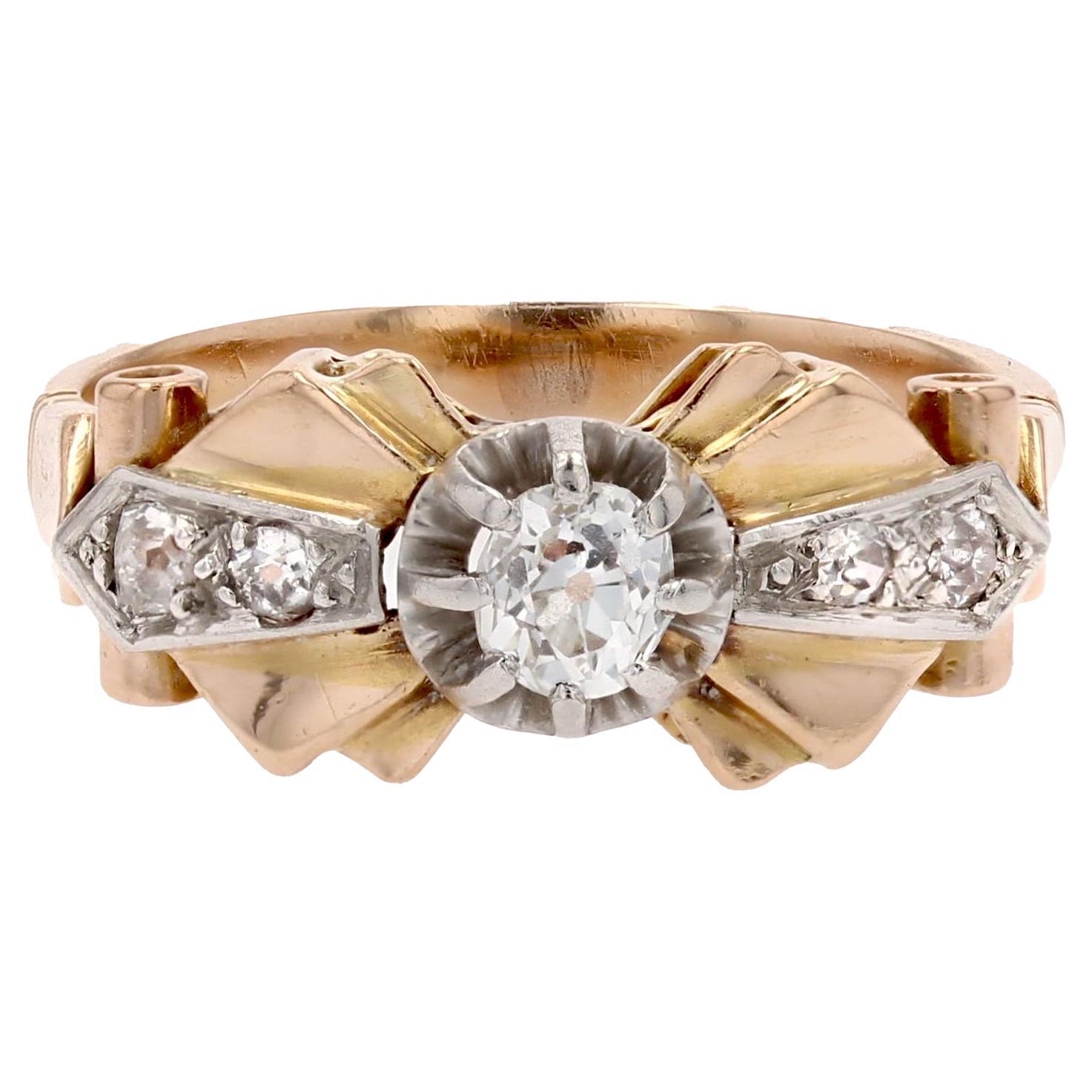 French 1950s Diamonds 18 Karat Rose Gold Knot Ring For Sale