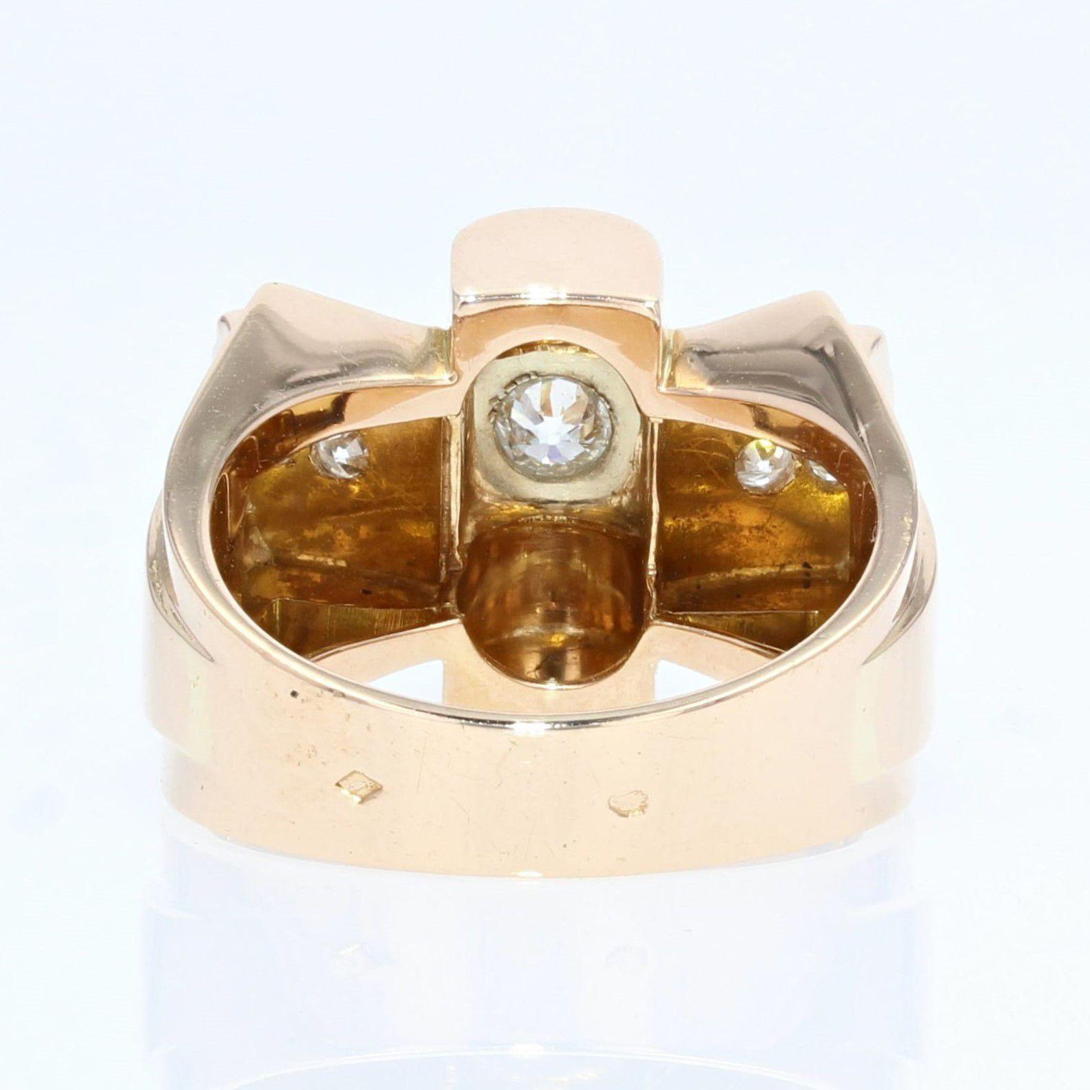 French 1950s Diamonds 18 Karat Rose Gold Knot Tank Ring 3