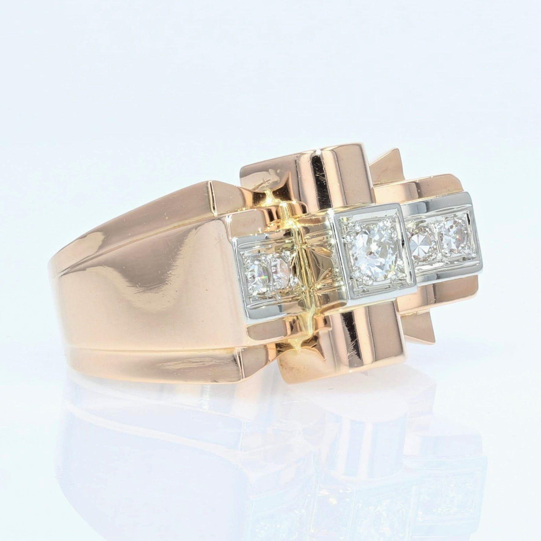 French 1950s Diamonds 18 Karat Rose Gold Knot Tank Ring 4