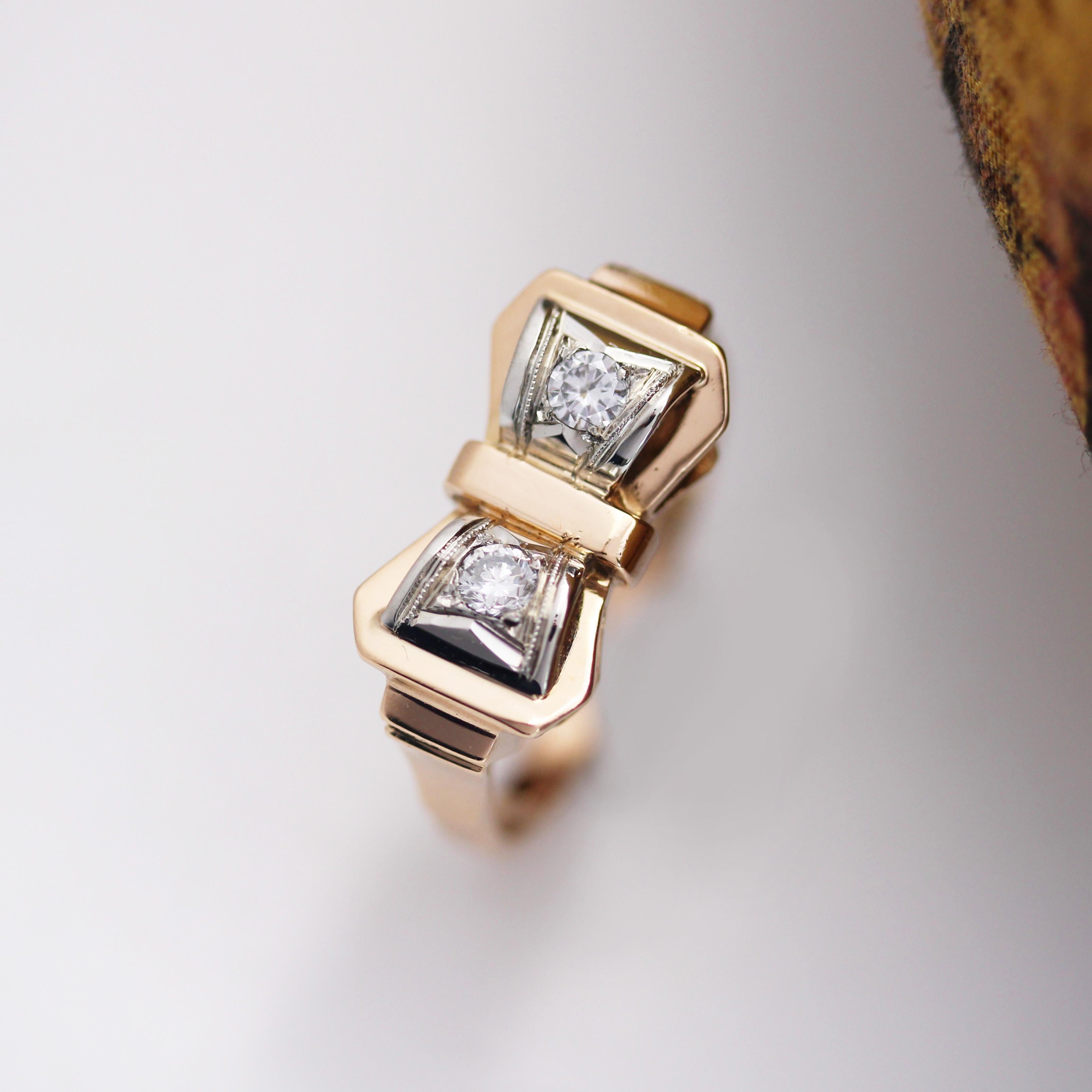 Retro French 1950s Diamonds 18 Karat Rose Gold Knot Tank Ring For Sale