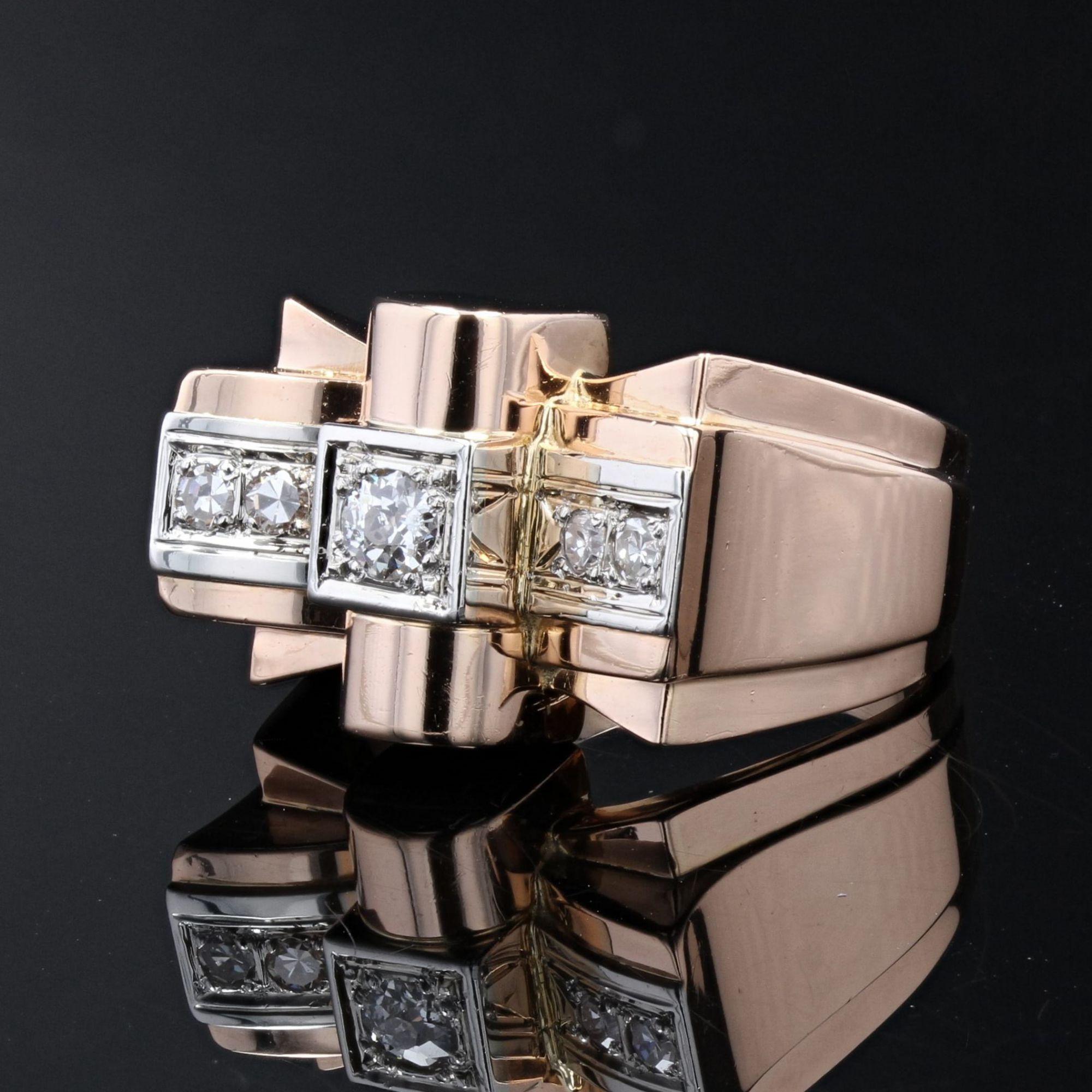 Brilliant Cut French 1950s Diamonds 18 Karat Rose Gold Knot Tank Ring