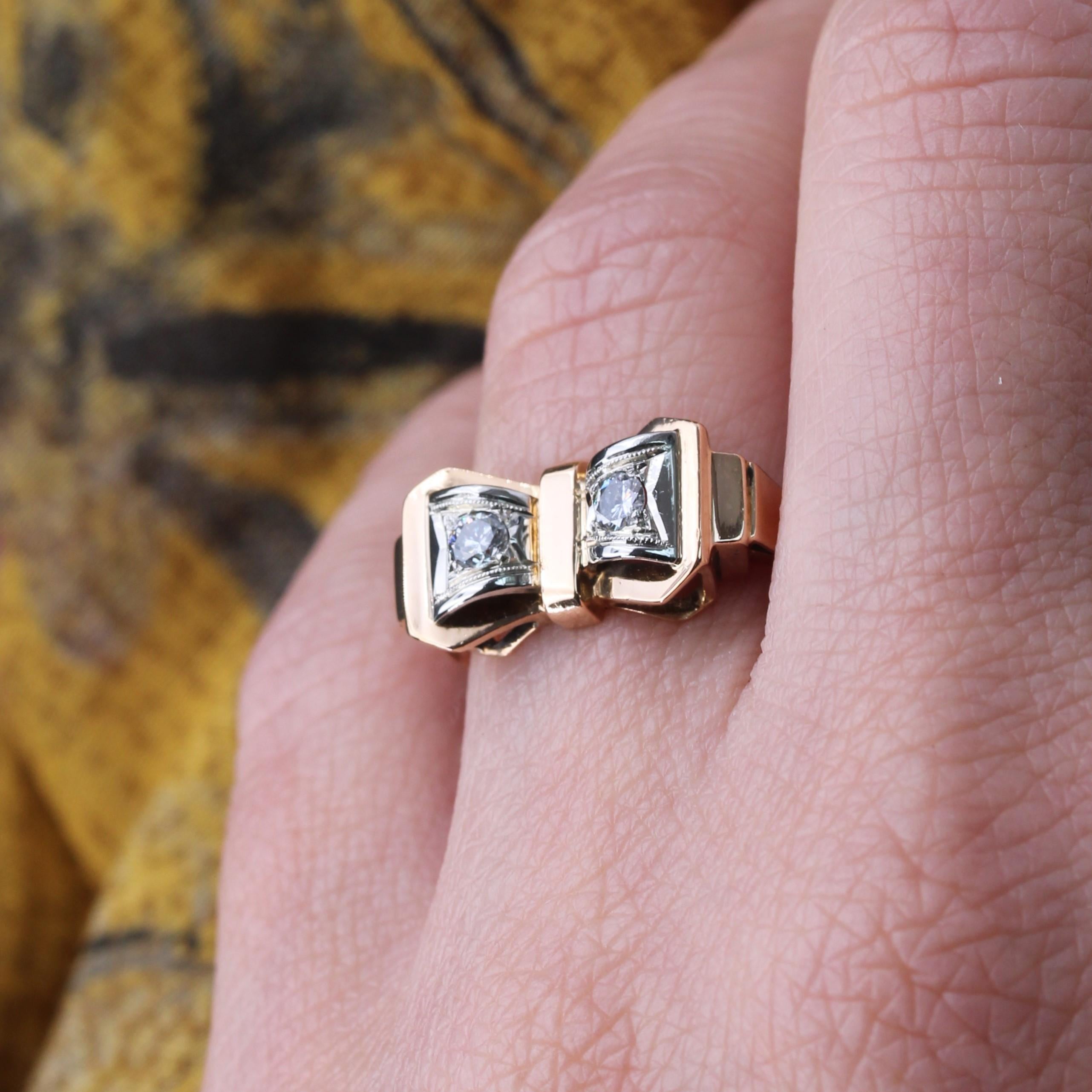 Women's French 1950s Diamonds 18 Karat Rose Gold Knot Tank Ring For Sale