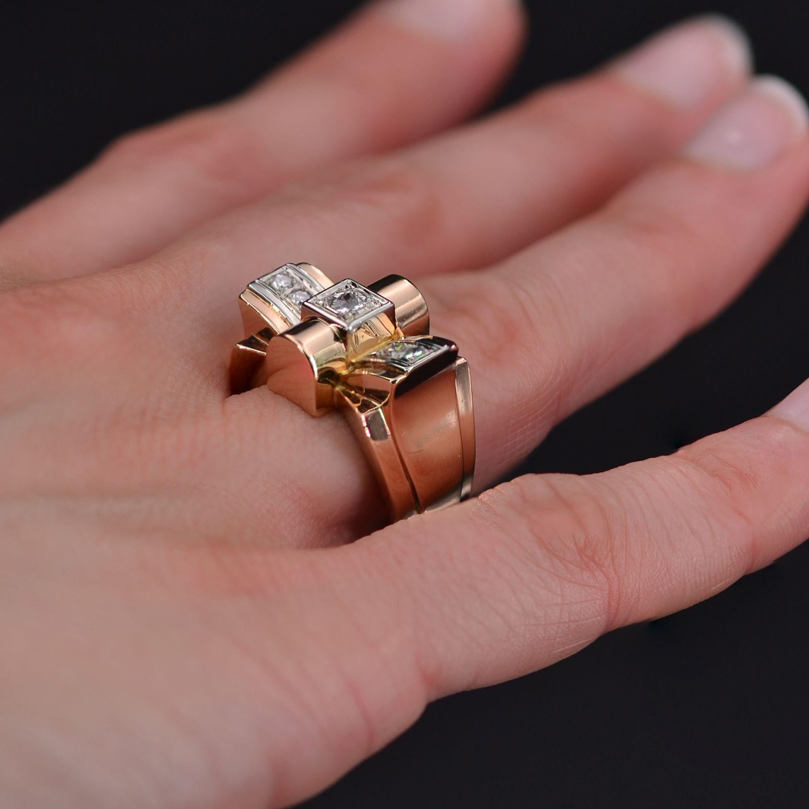 Women's French 1950s Diamonds 18 Karat Rose Gold Knot Tank Ring