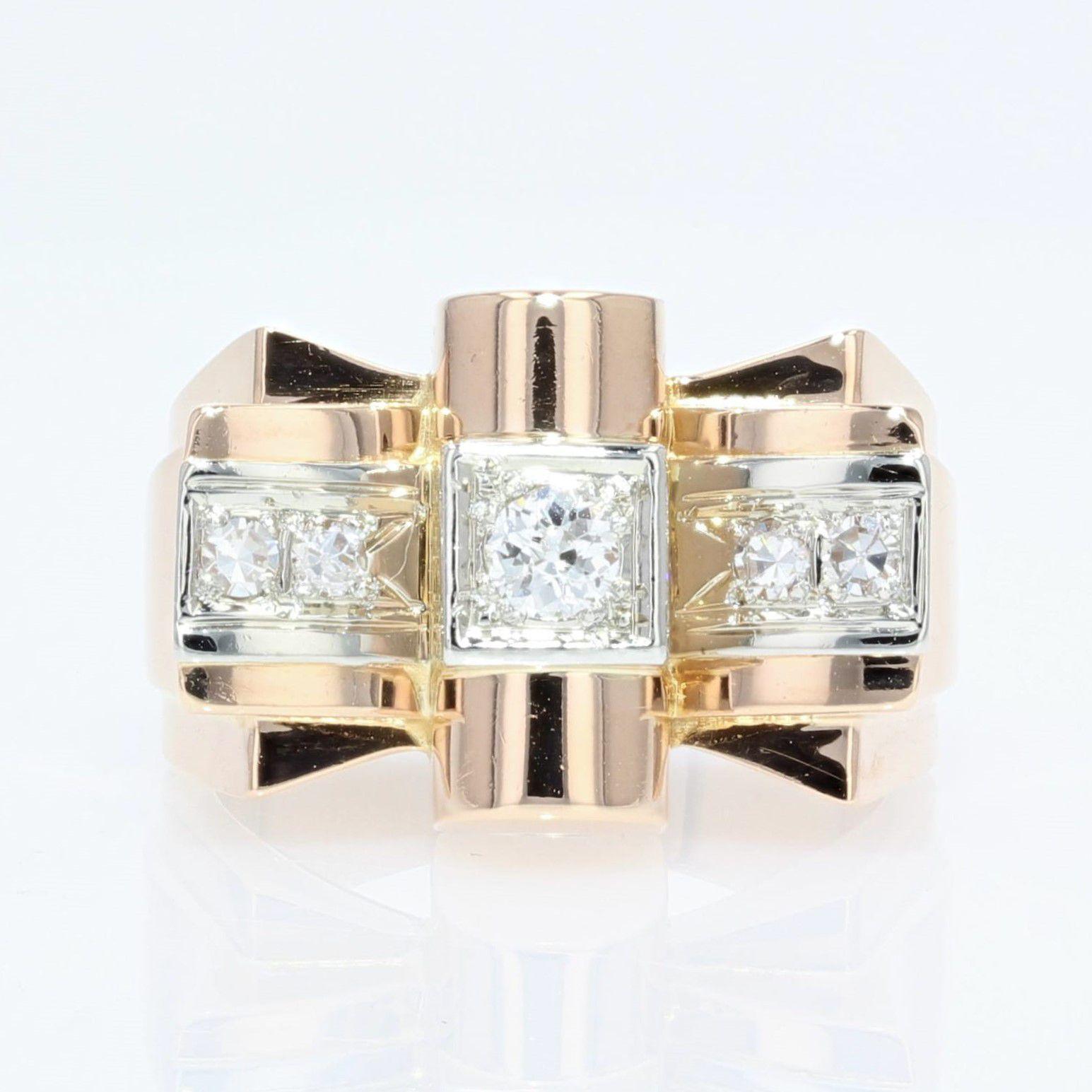 French 1950s Diamonds 18 Karat Rose Gold Knot Tank Ring 1