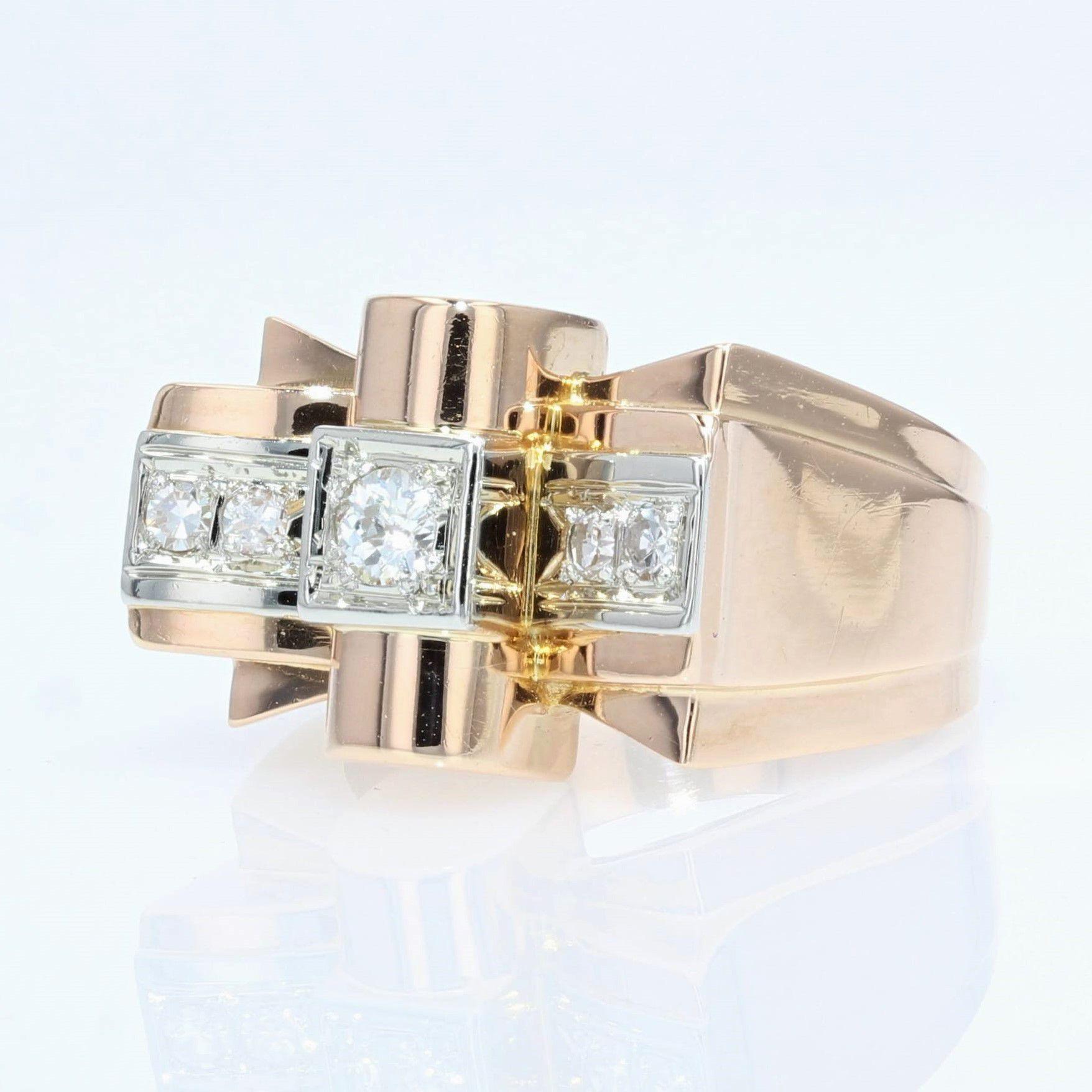 French 1950s Diamonds 18 Karat Rose Gold Knot Tank Ring 2