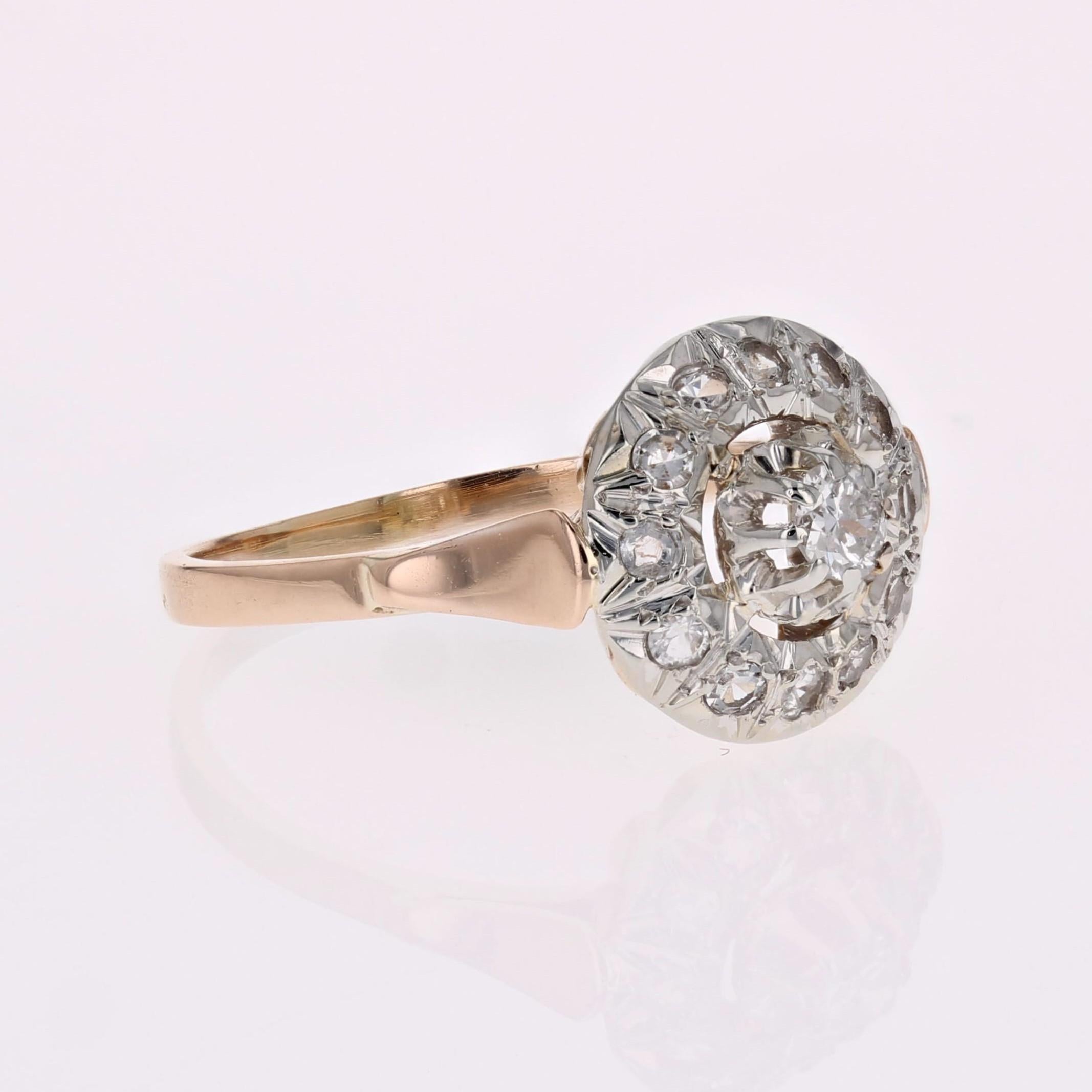 French 1950s Diamonds 18 Karat Rose Gold Platinum Round Ring 4