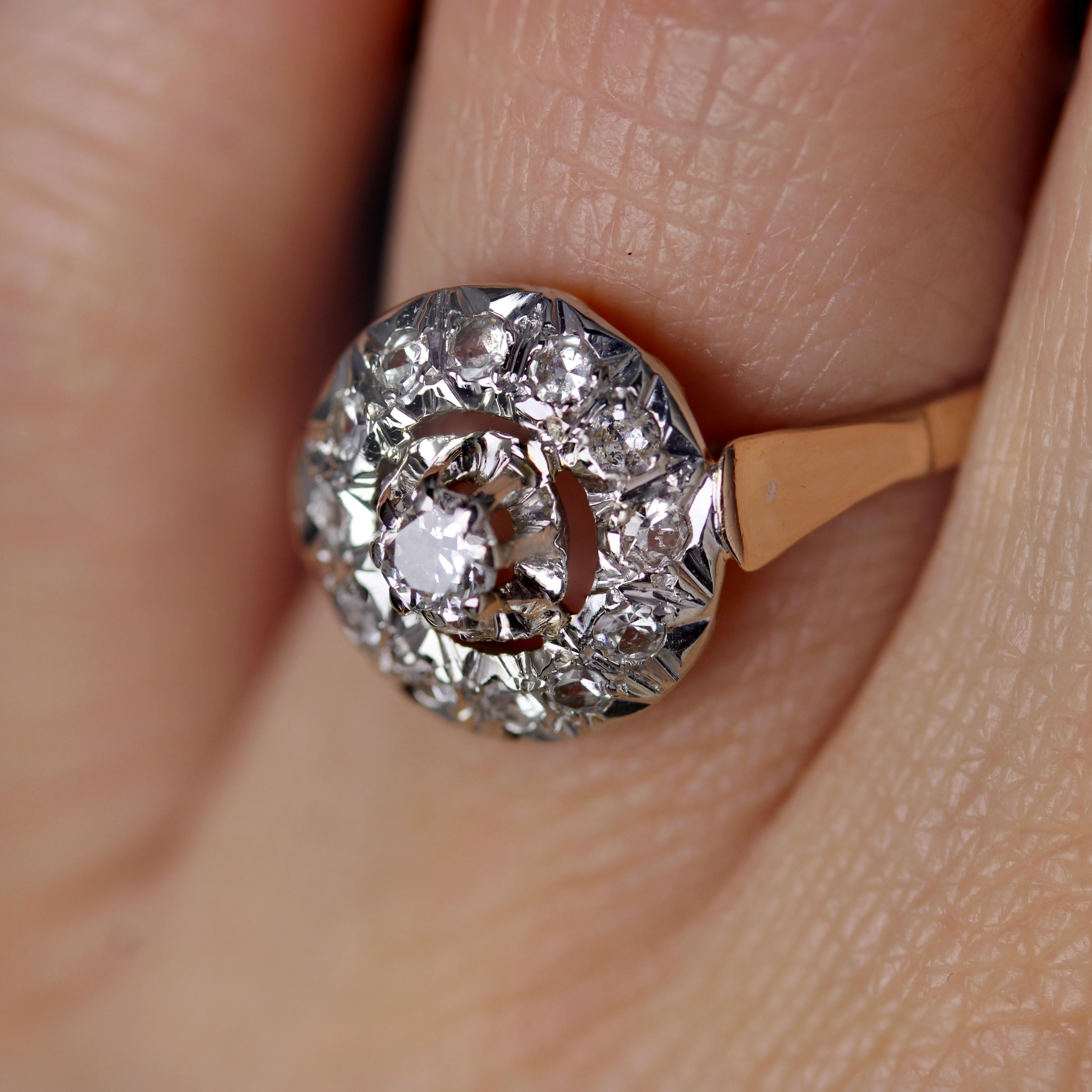 French 1950s Diamonds 18 Karat Rose Gold Platinum Round Ring 6