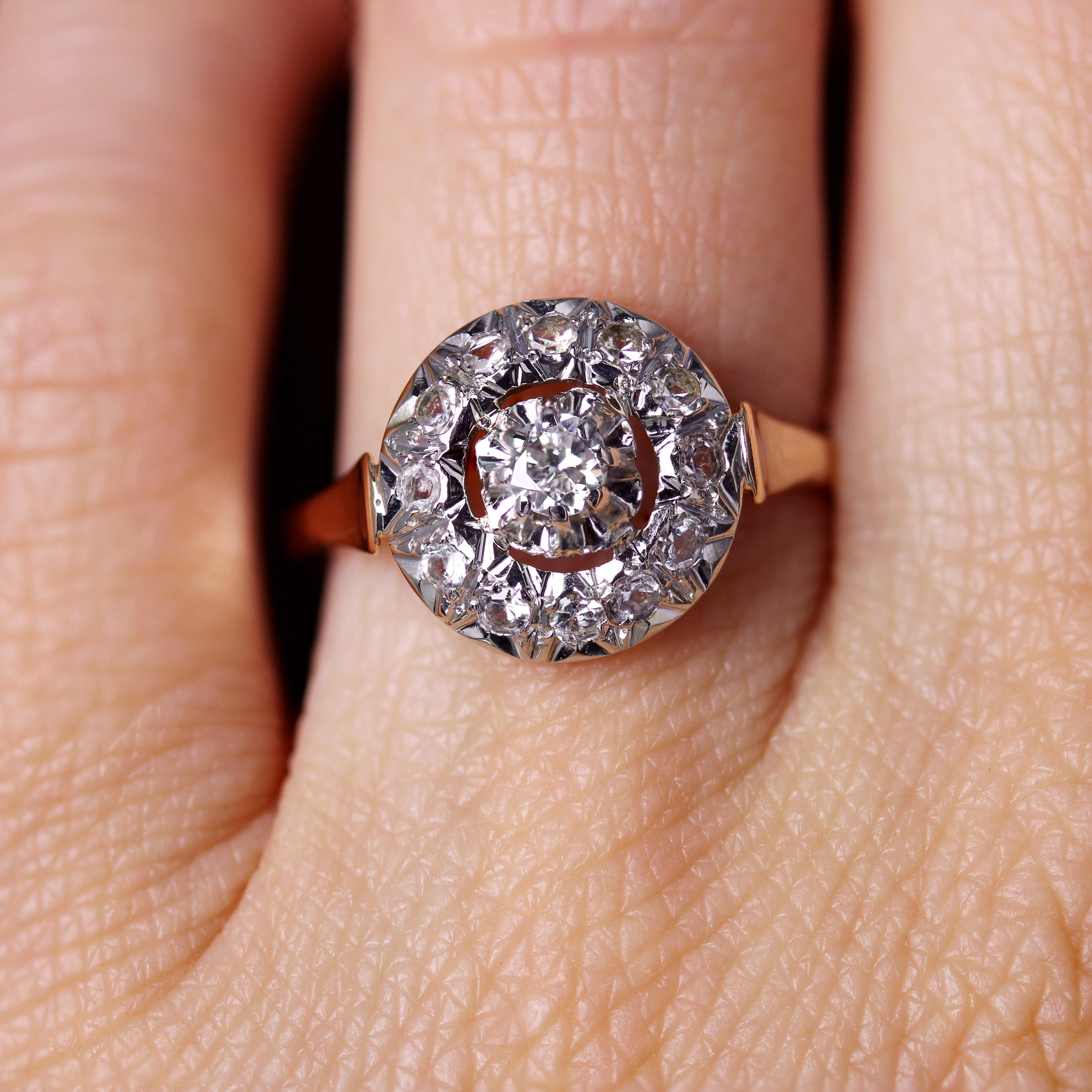 French 1950s Diamonds 18 Karat Rose Gold Platinum Round Ring 7