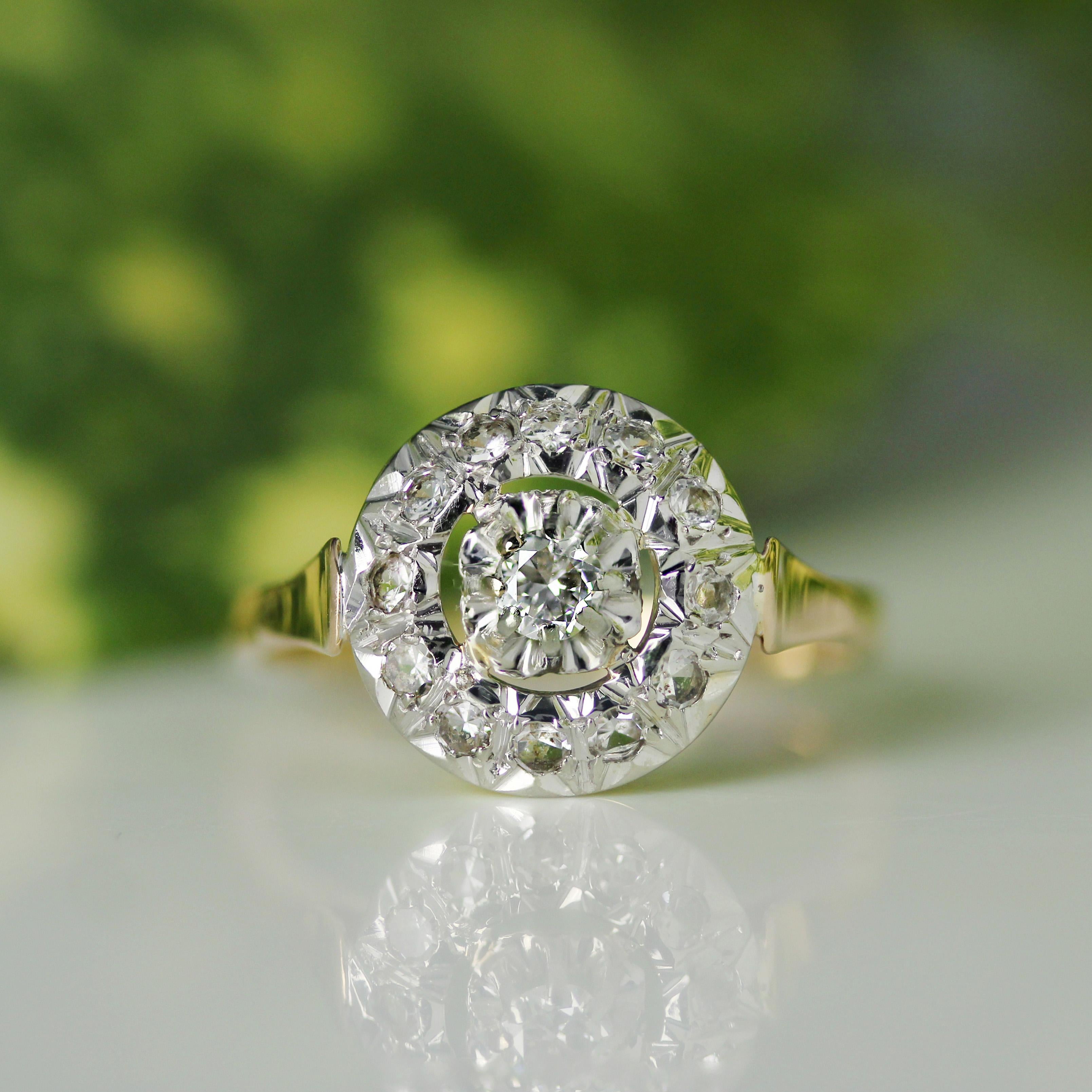 Retro French 1950s Diamonds 18 Karat Rose Gold Platinum Round Ring