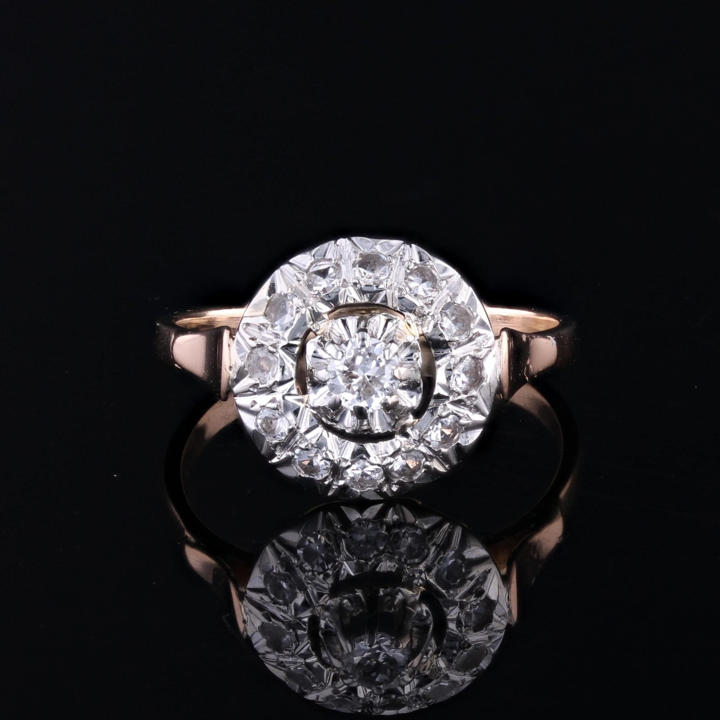 French 1950s Diamonds 18 Karat Rose Gold Platinum Round Ring In Good Condition In Poitiers, FR
