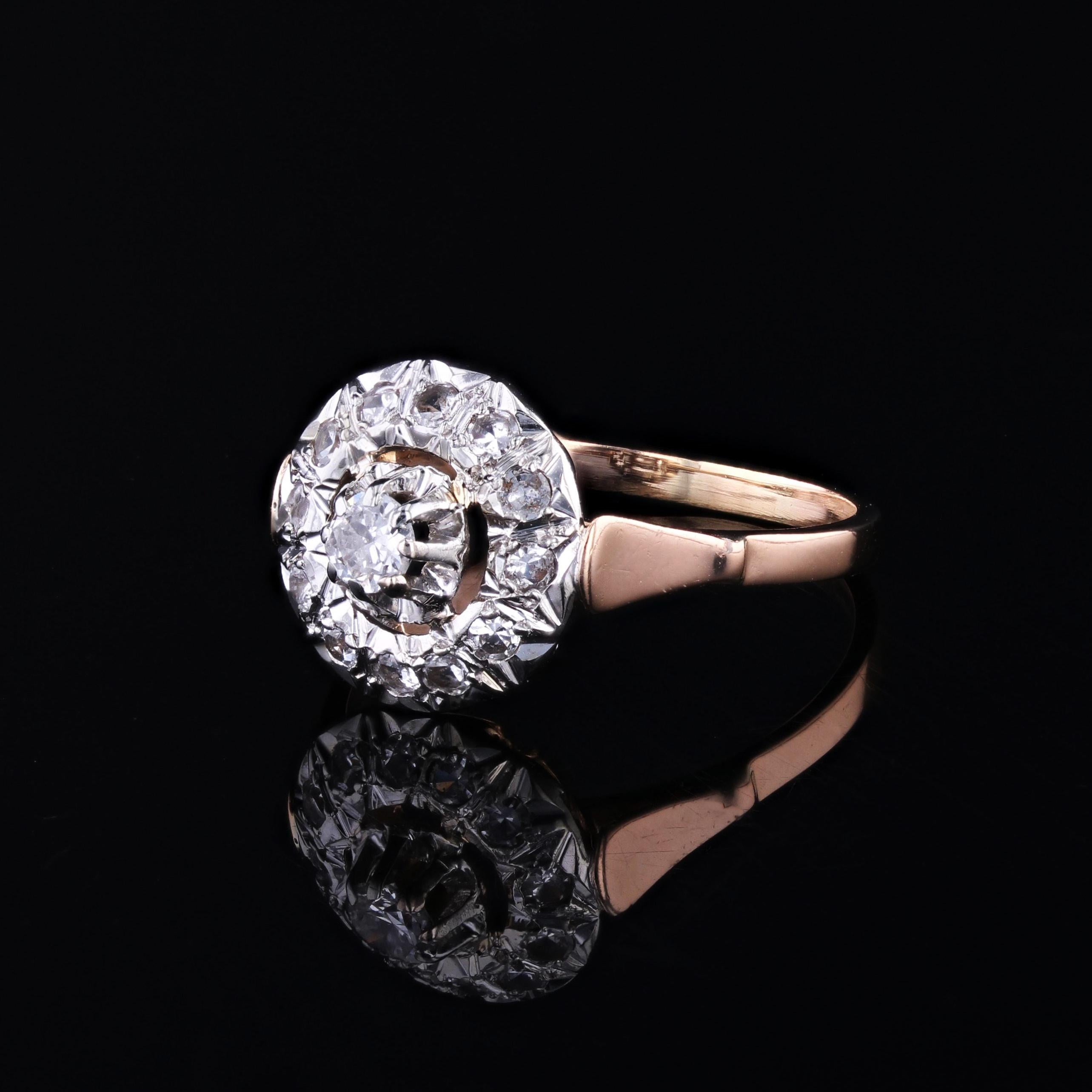 French 1950s Diamonds 18 Karat Rose Gold Platinum Round Ring 1