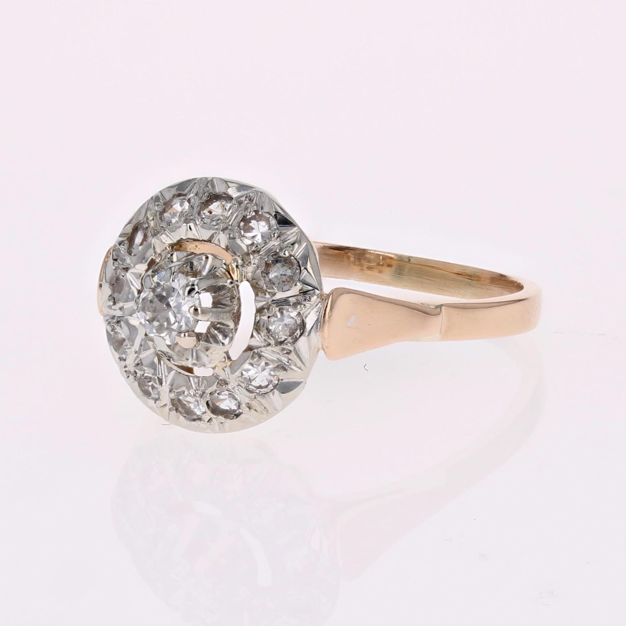 French 1950s Diamonds 18 Karat Rose Gold Platinum Round Ring 2