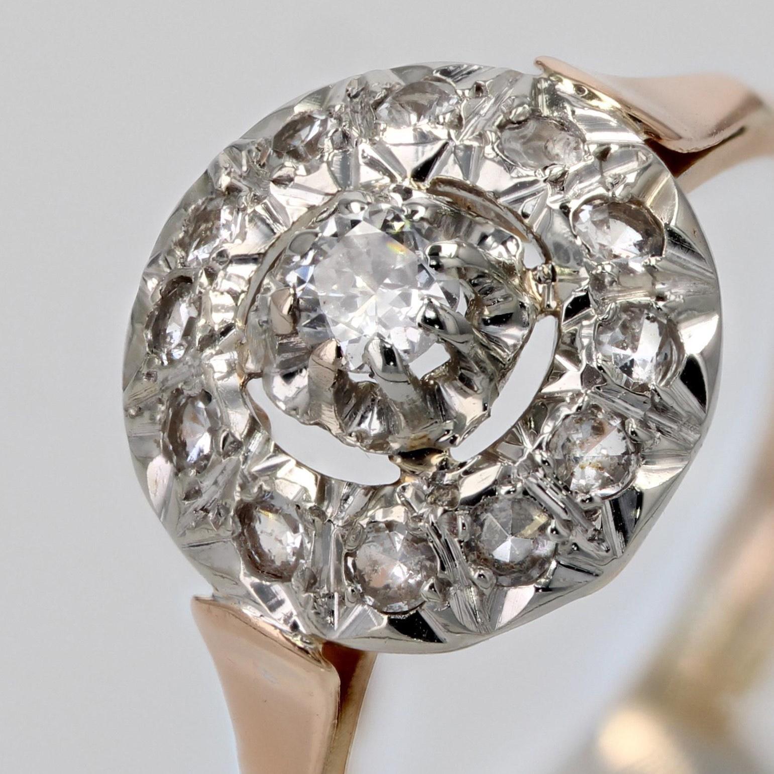 French 1950s Diamonds 18 Karat Rose Gold Platinum Round Ring 3