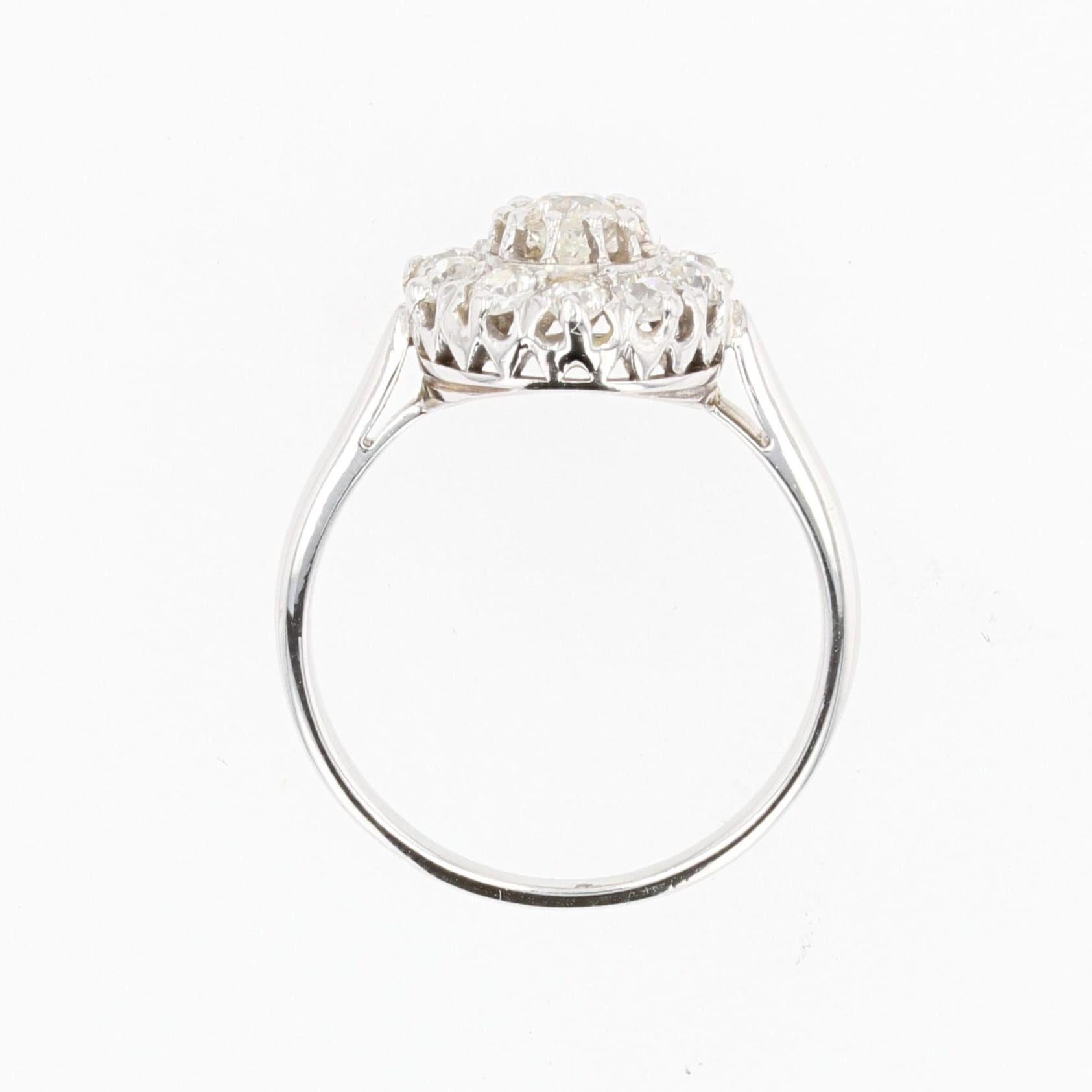 French 1950s Diamonds 18 Karat White Gold Daisy Ring For Sale 3