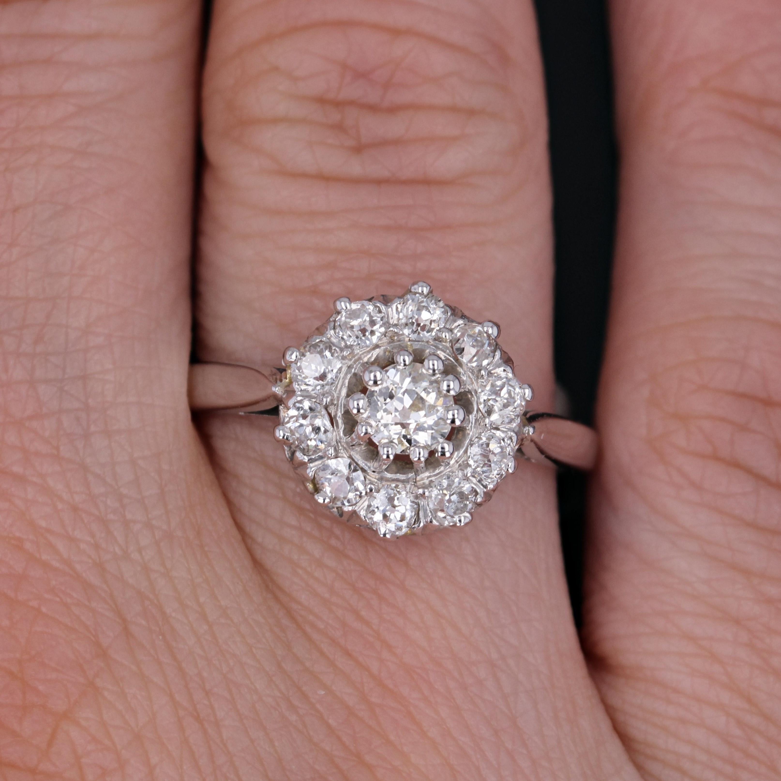 Brilliant Cut French 1950s Diamonds 18 Karat White Gold Daisy Ring For Sale