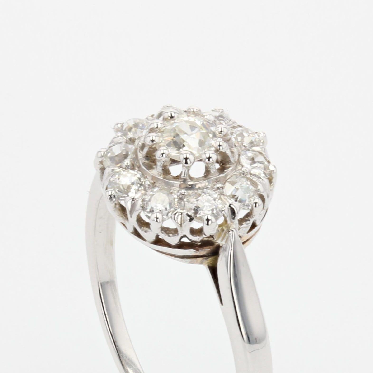 Retro French 1950s Diamonds 18 Karat White Gold Daisy Ring For Sale