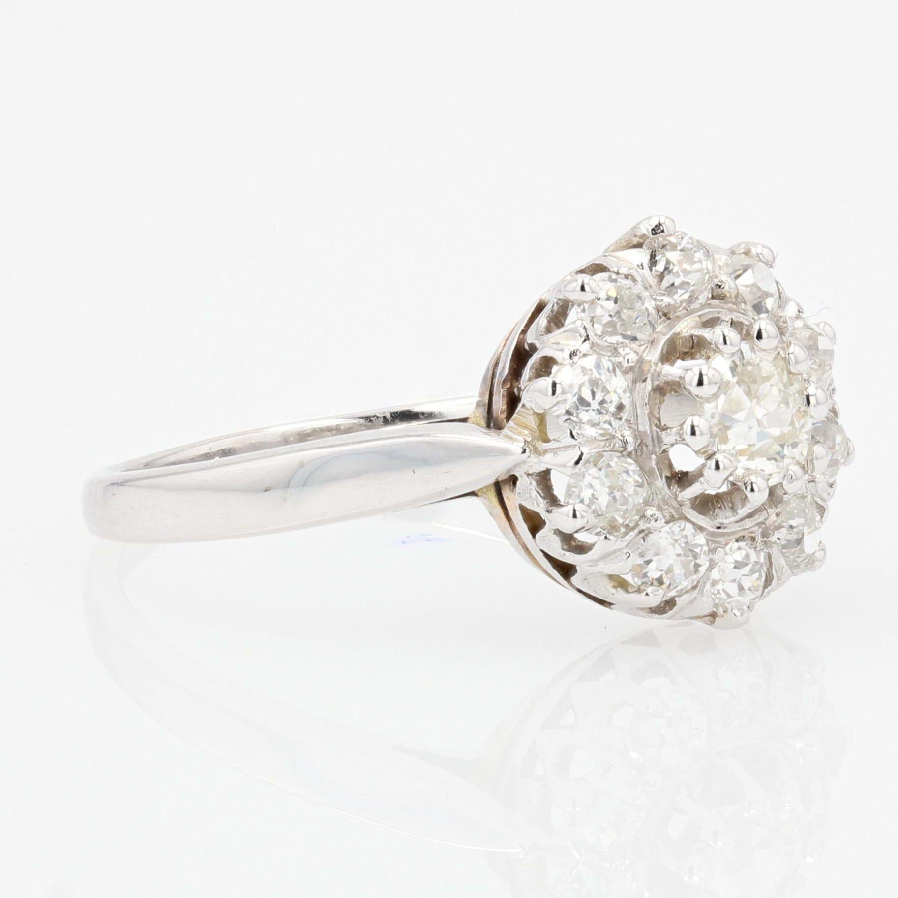 Women's French 1950s Diamonds 18 Karat White Gold Daisy Ring For Sale