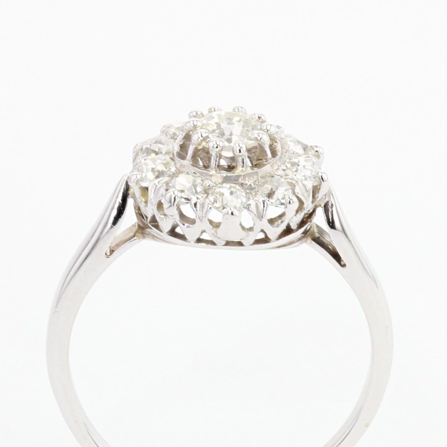 French 1950s Diamonds 18 Karat White Gold Daisy Ring For Sale 1