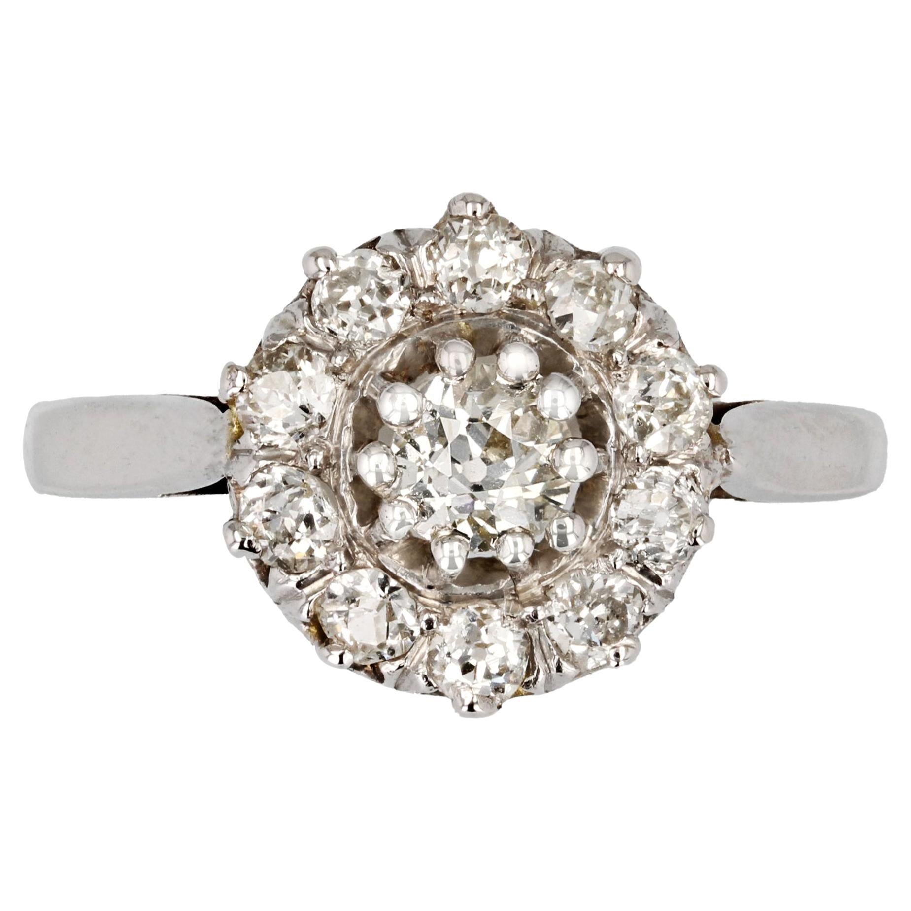 French 1950s Diamonds 18 Karat White Gold Daisy Ring For Sale