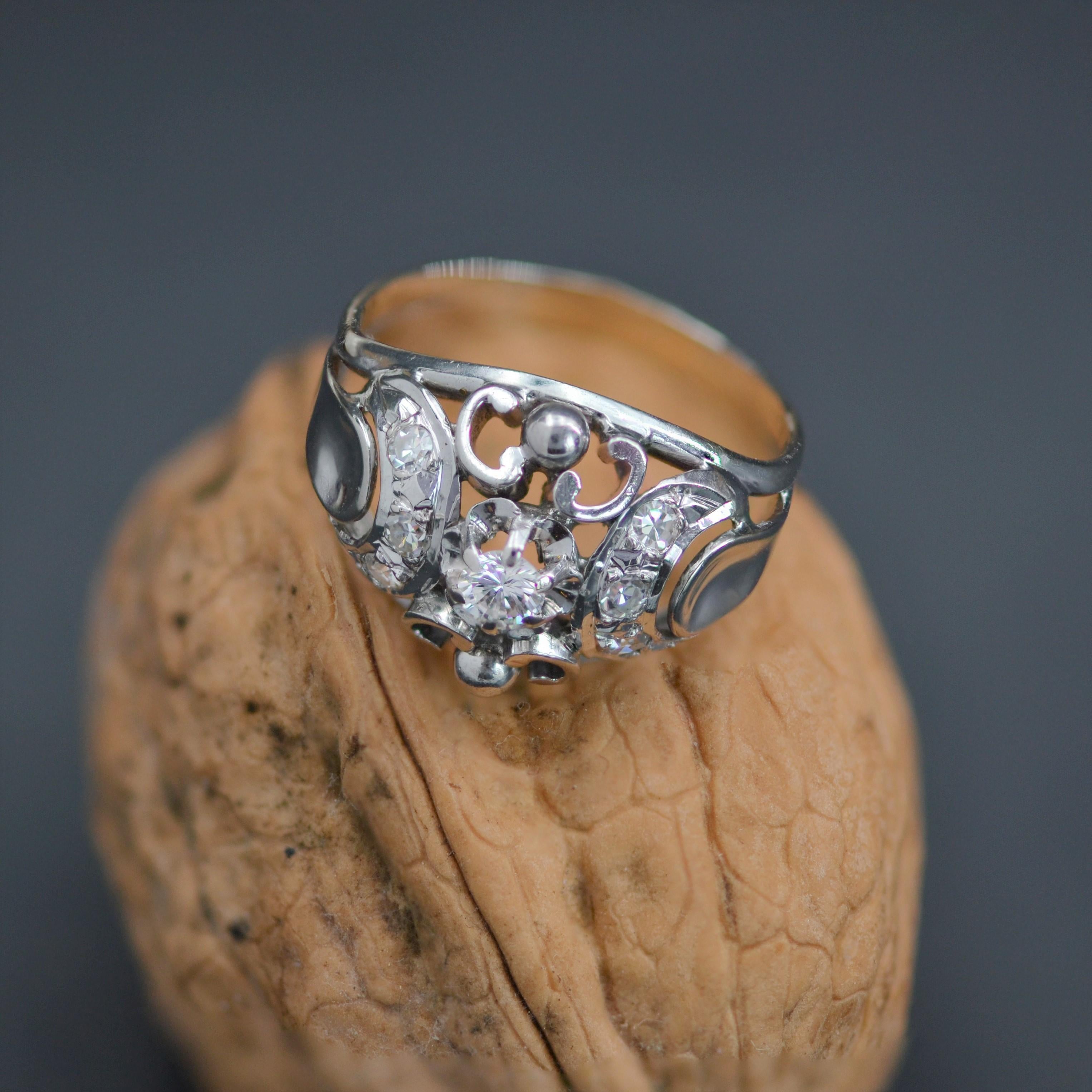 French 1950s Diamonds 18 Karat White Gold Dome Ring For Sale 4