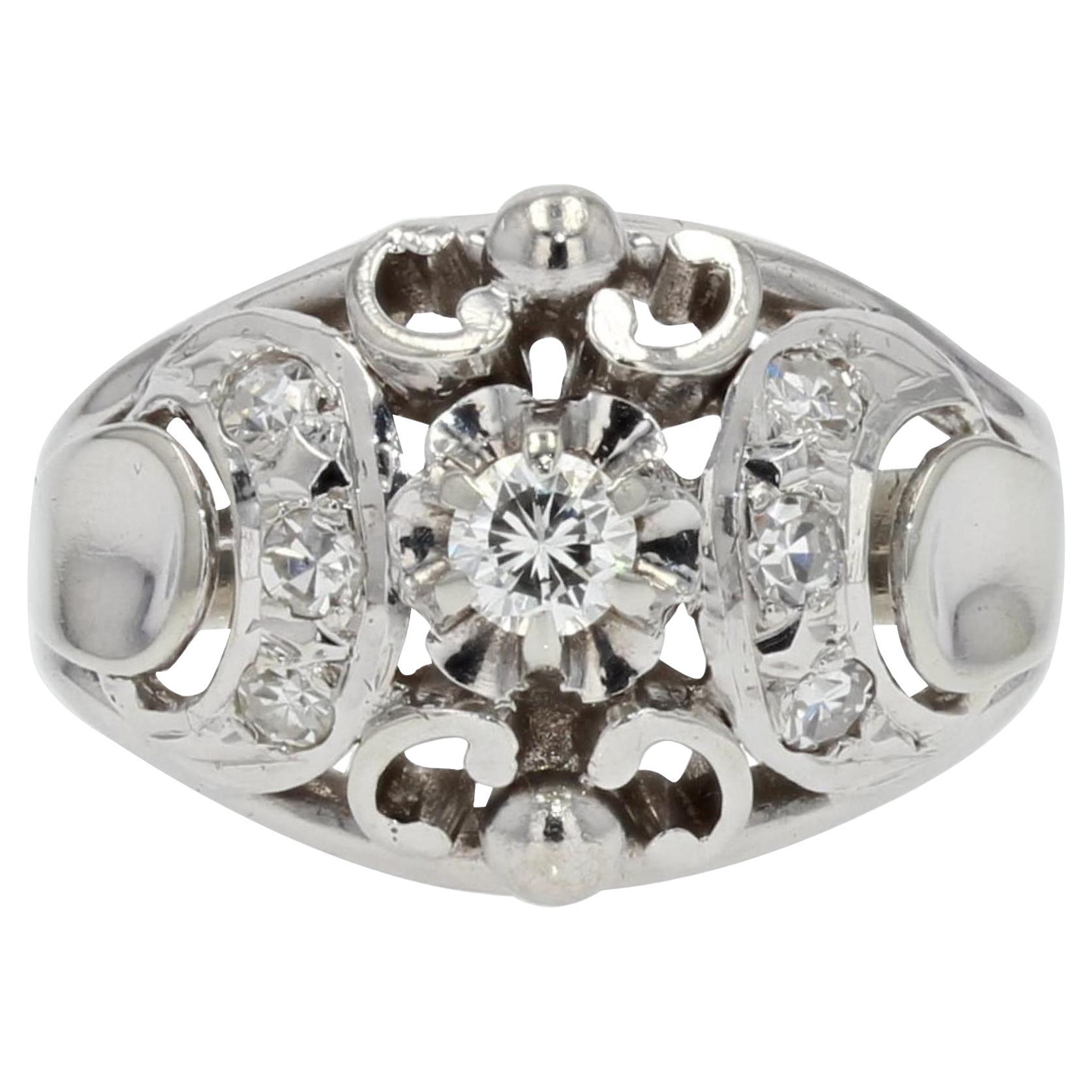 Bague dôme en or blanc 18 carats, diamants des années 50 françaises