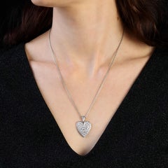 French 1950s Diamonds 18 Karat White Gold Heart Pendant and Chain Necklace