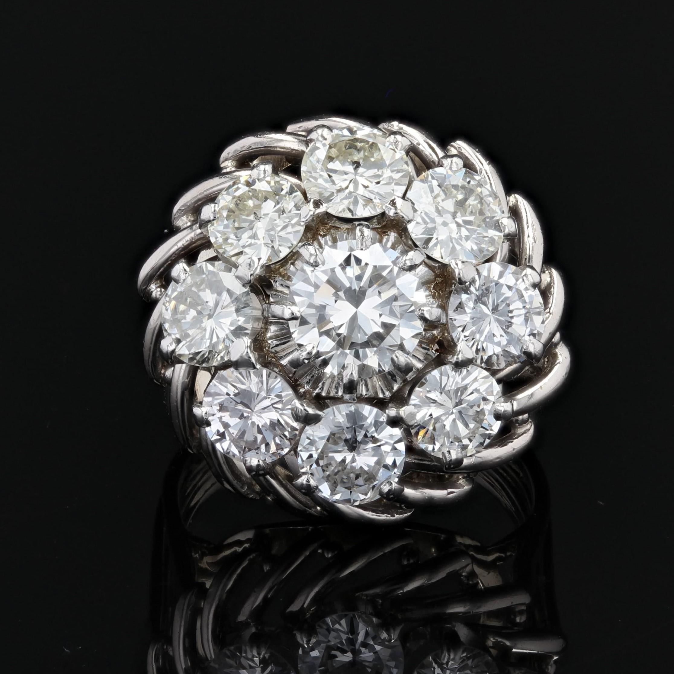 Brilliant Cut French, 1950s Diamonds 18 Karat White Gold Platinum Wire Daisy Ring For Sale