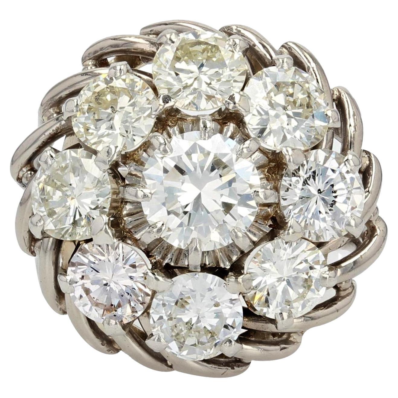 French, 1950s Diamonds 18 Karat White Gold Platinum Wire Daisy Ring For Sale