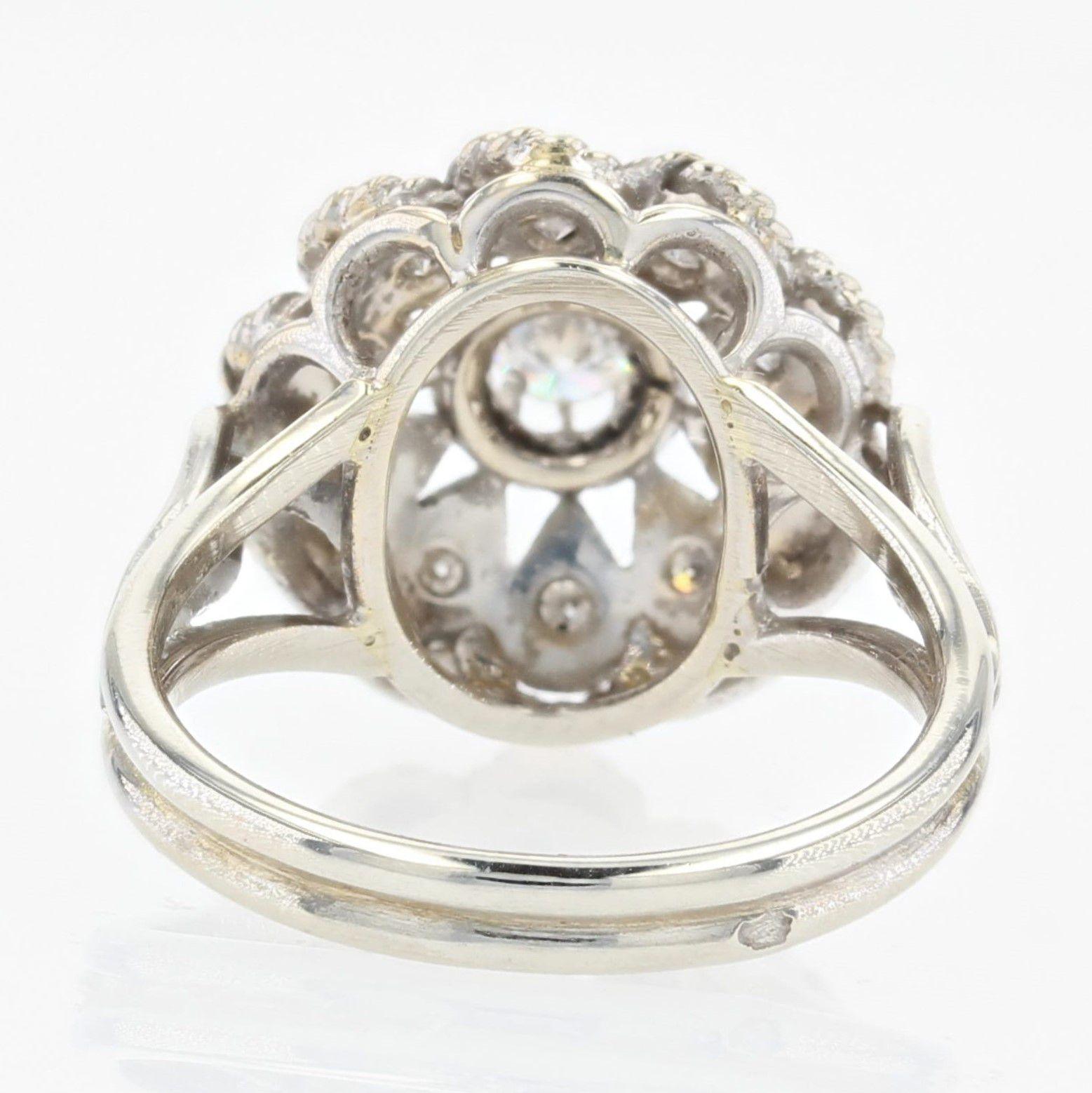 french 1950s Diamonds 18 Karat White Gold Retro Flower Ring For Sale 5
