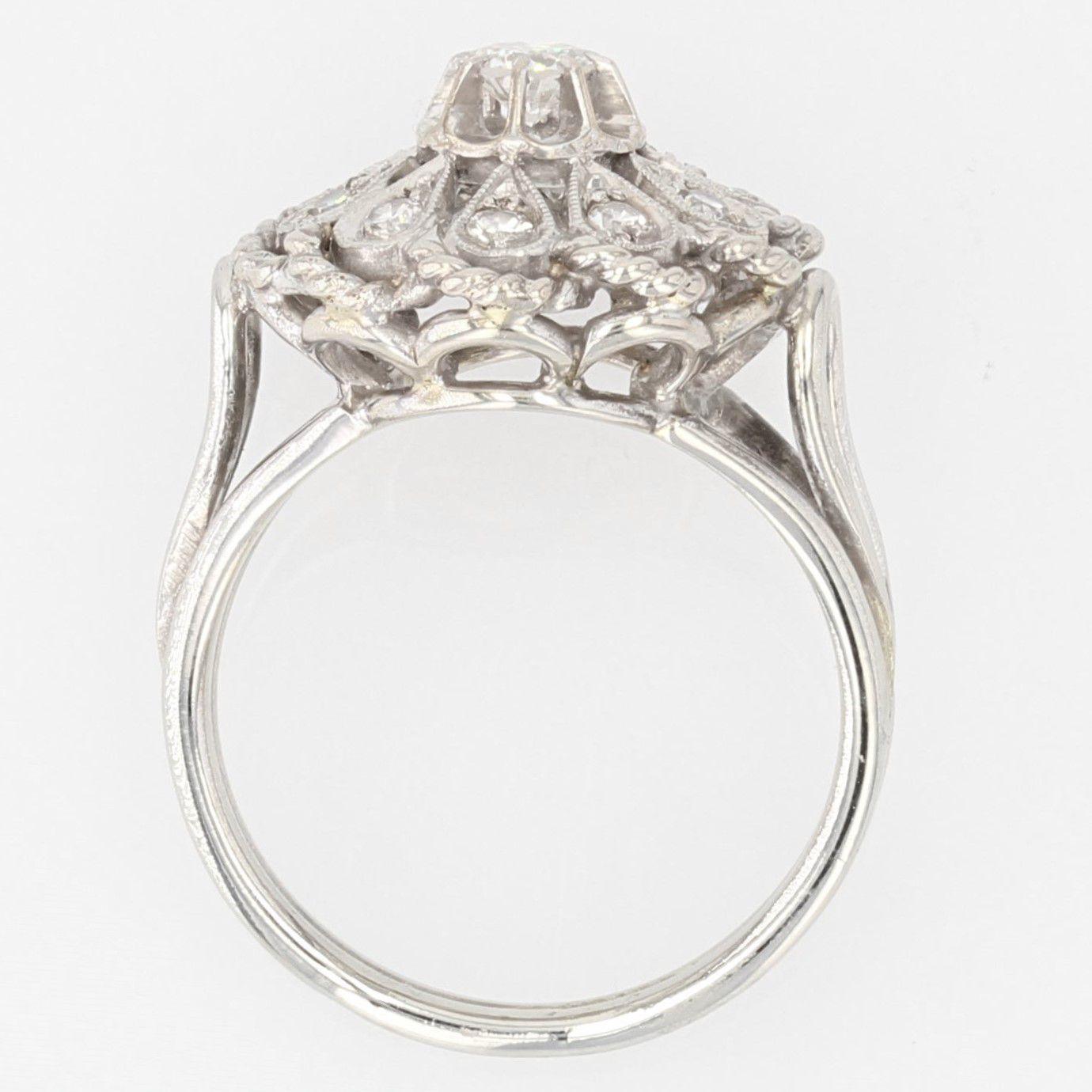 french 1950s Diamonds 18 Karat White Gold Retro Flower Ring For Sale 6
