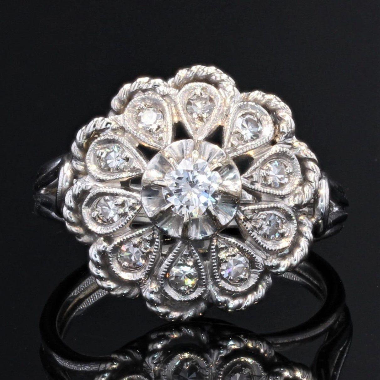 Brilliant Cut french 1950s Diamonds 18 Karat White Gold Retro Flower Ring For Sale
