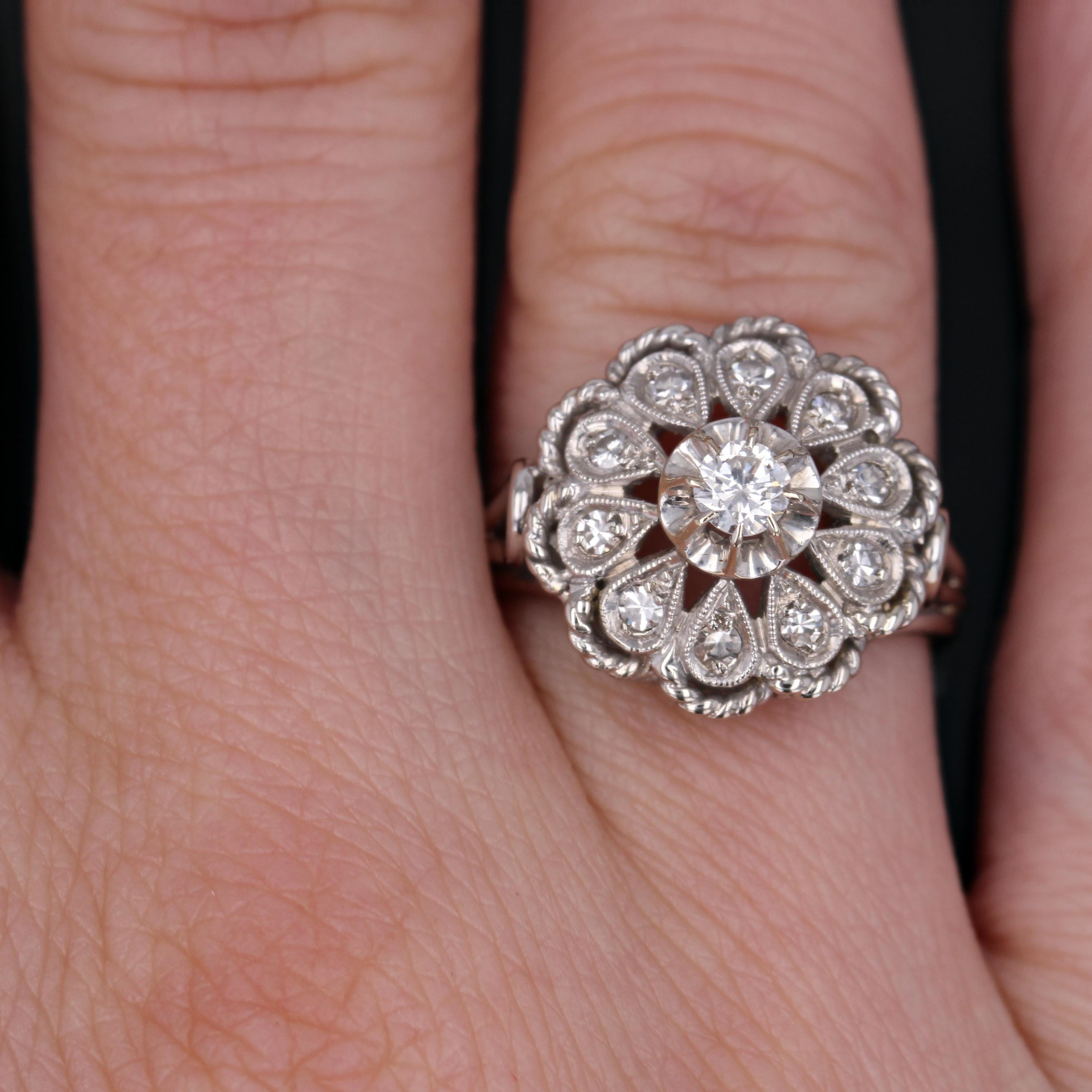 french 1950s Diamonds 18 Karat White Gold Retro Flower Ring For Sale 1