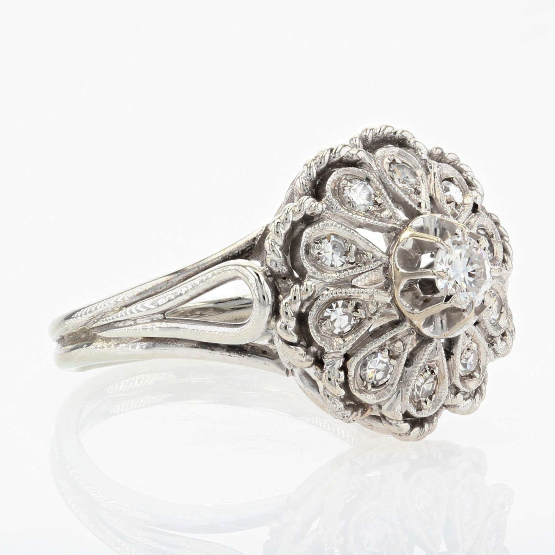 french 1950s Diamonds 18 Karat White Gold Retro Flower Ring For Sale 3