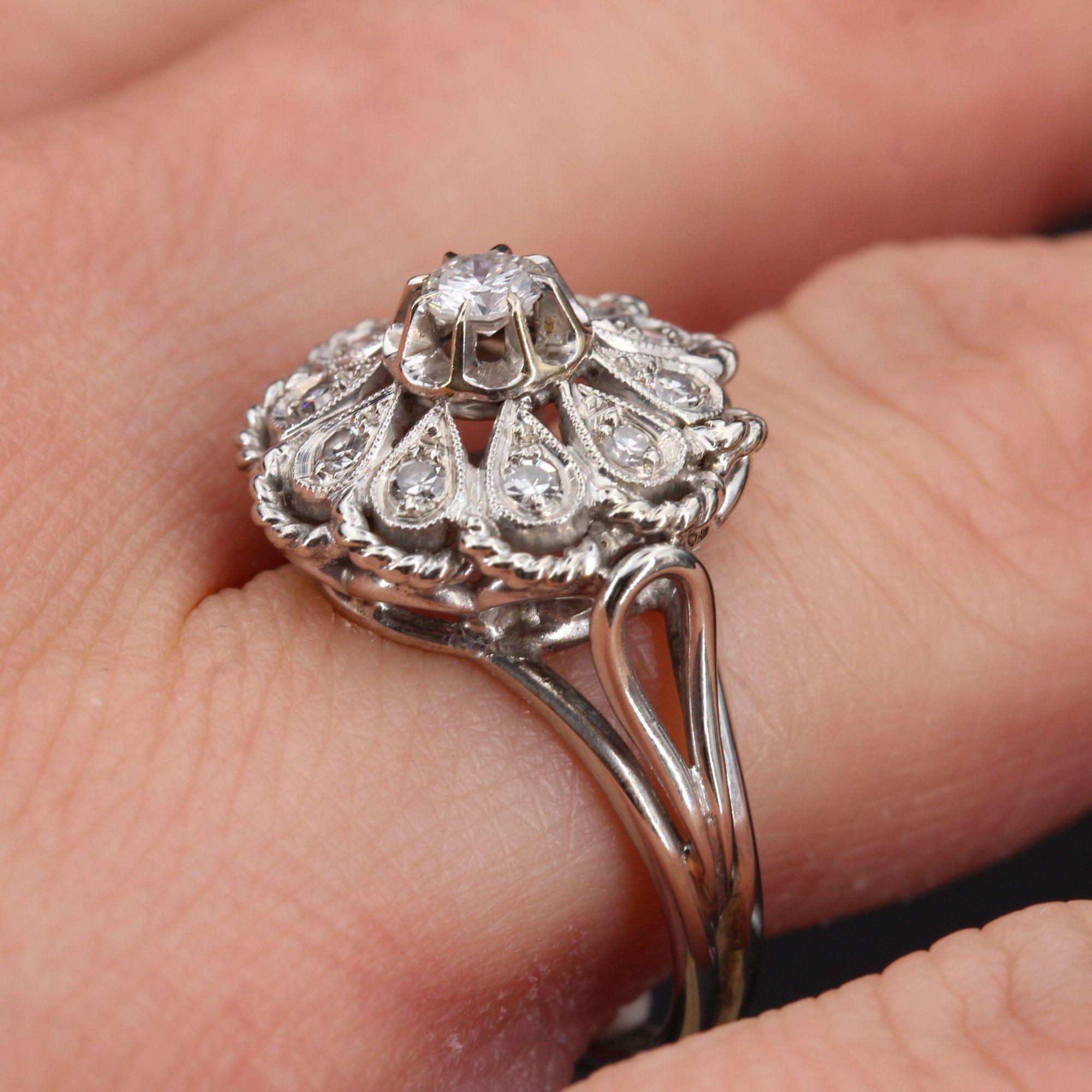 french 1950s Diamonds 18 Karat White Gold Retro Flower Ring For Sale 4
