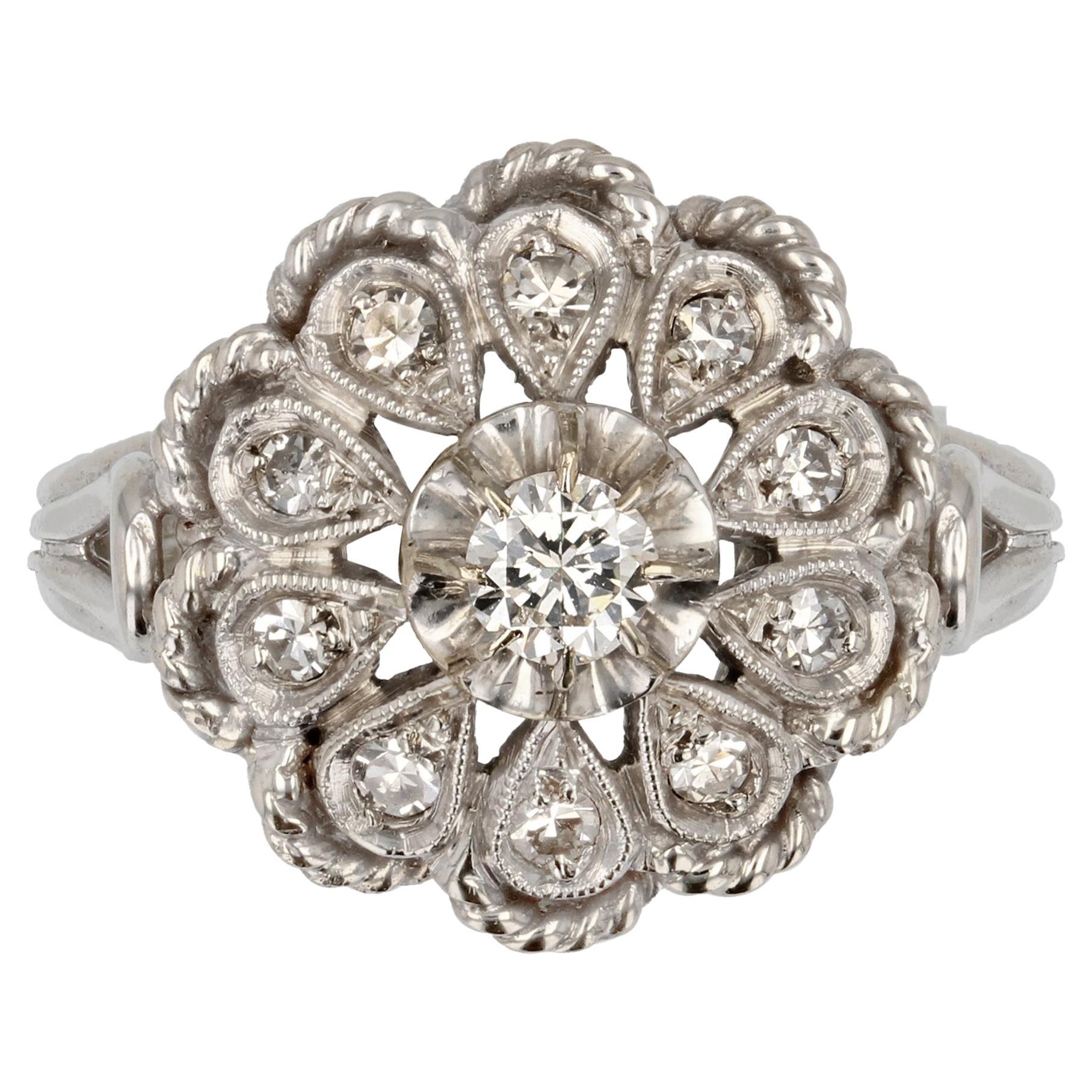 french 1950s Diamonds 18 Karat White Gold Retro Flower Ring For Sale