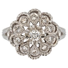 french 1950s Diamonds 18 Karat White Gold Vintage Flower Ring