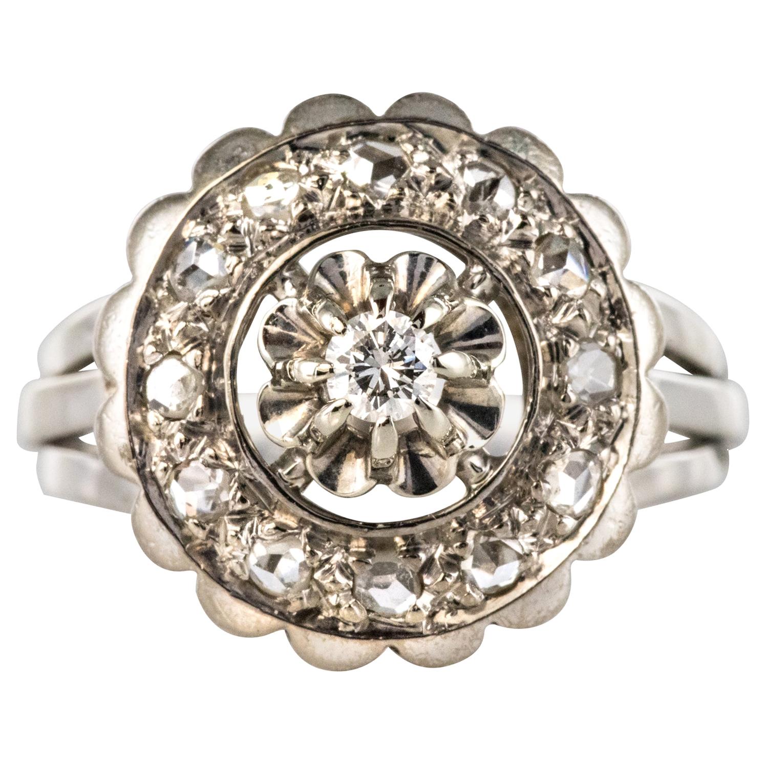 French 1950s Diamonds 18 Karat White Gold Round Ring