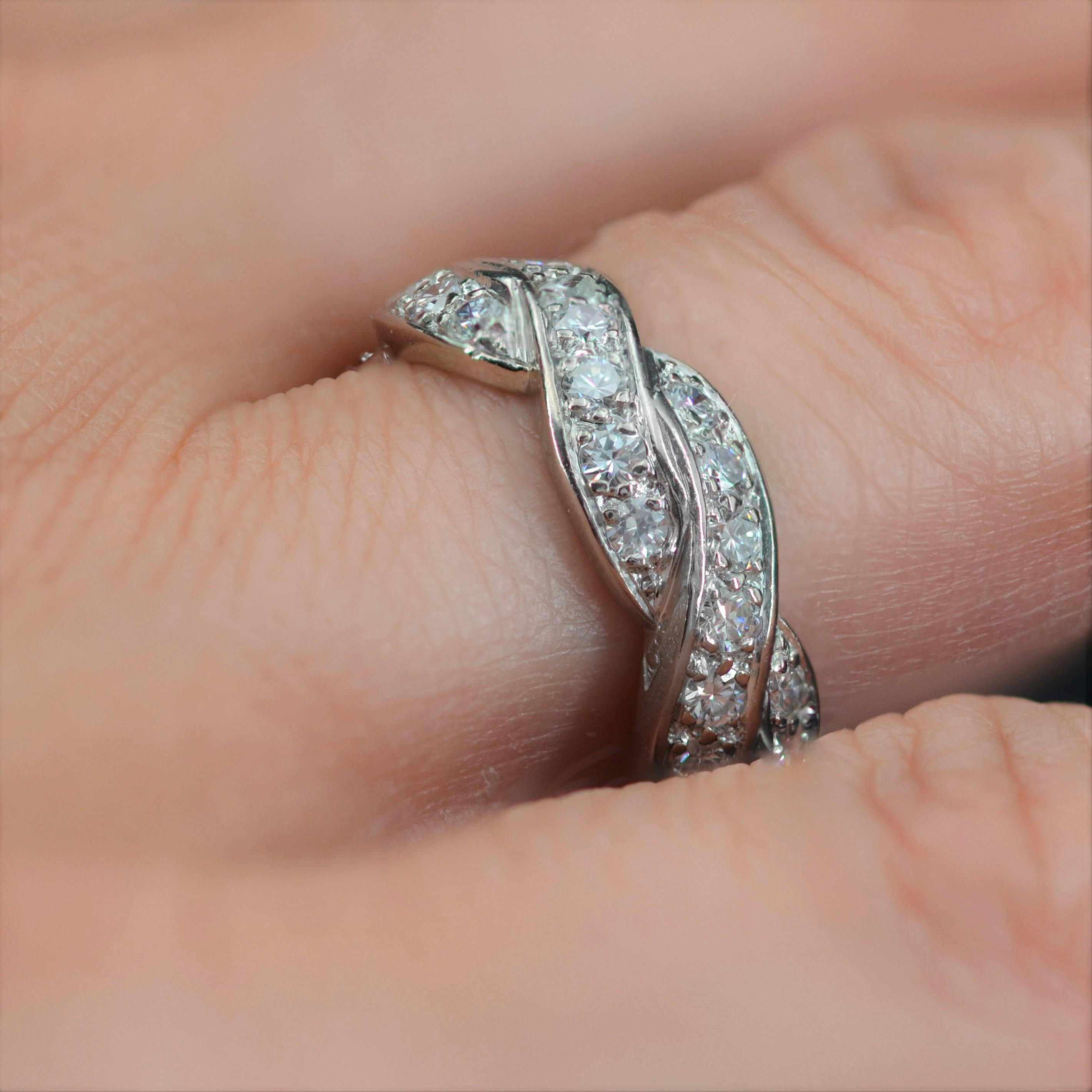 French 1950s Diamonds 18 Karat White Gold Twist Wedding Ring For Sale 3