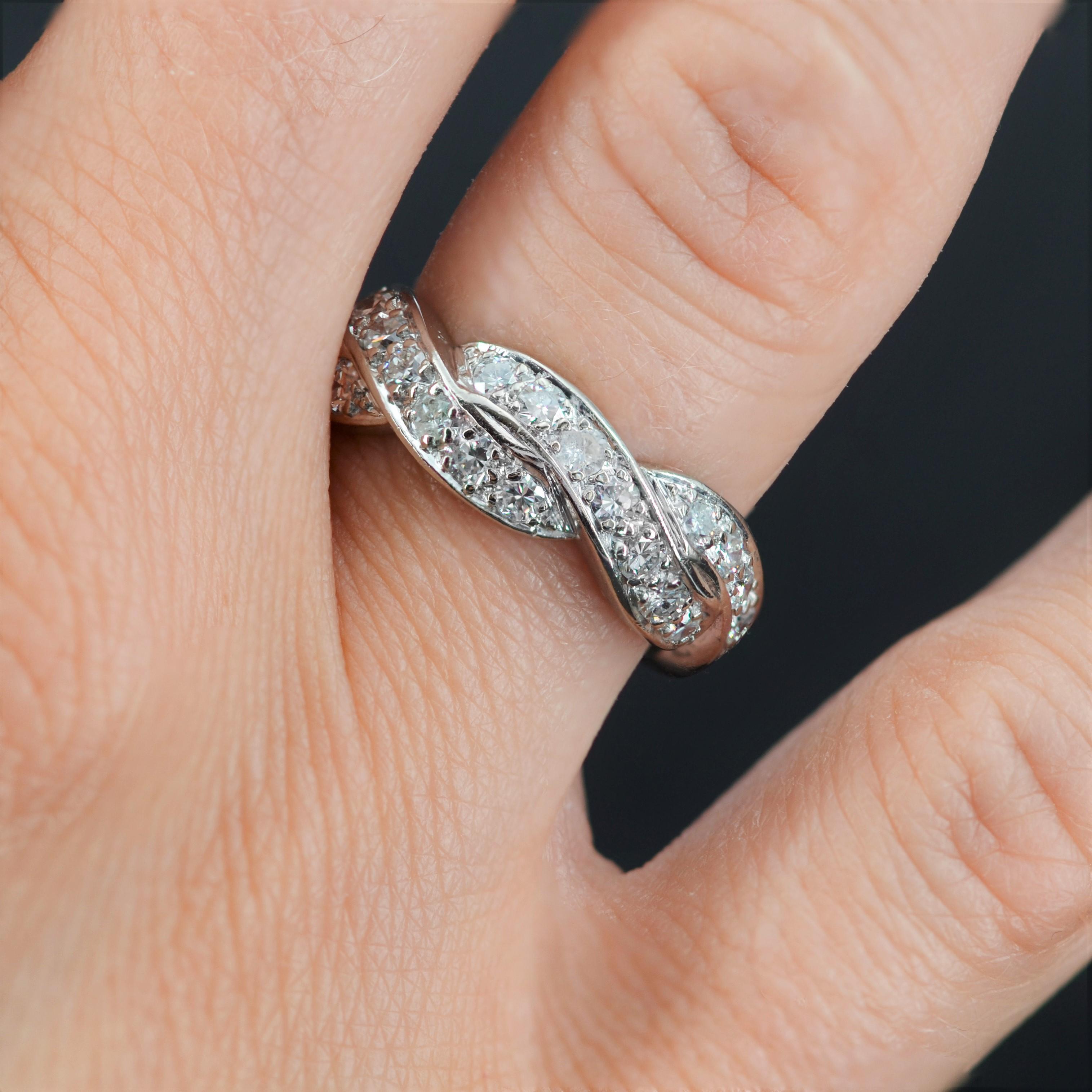 Retro French 1950s Diamonds 18 Karat White Gold Twist Wedding Ring For Sale