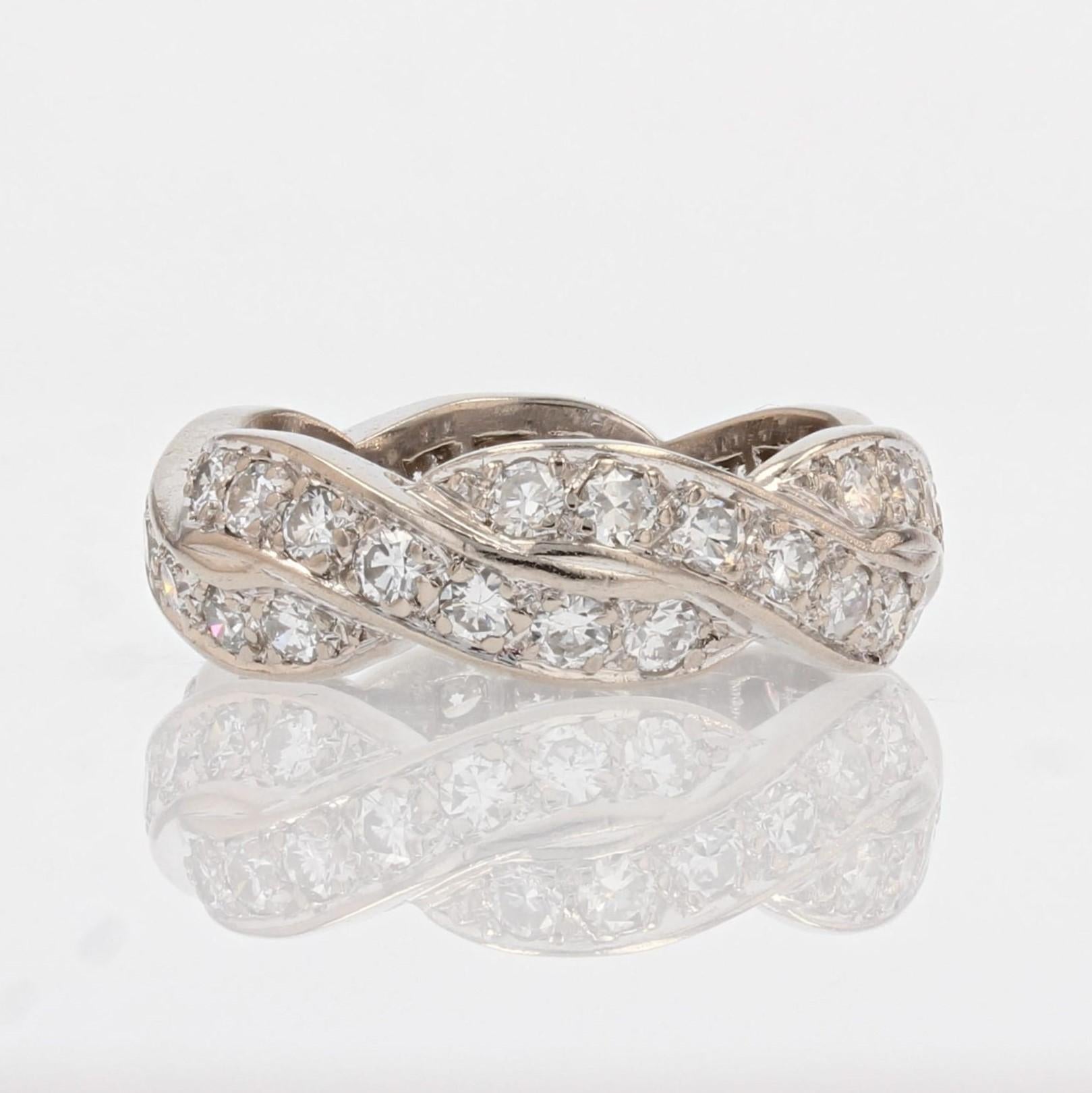 Brilliant Cut French 1950s Diamonds 18 Karat White Gold Twist Wedding Ring For Sale