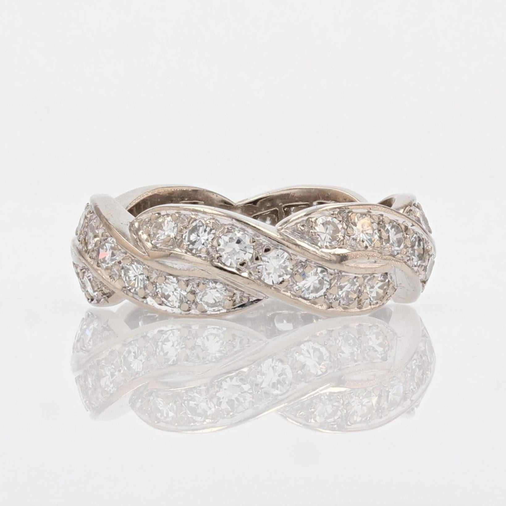 Women's French 1950s Diamonds 18 Karat White Gold Twist Wedding Ring For Sale