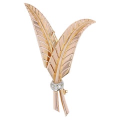 French 1950s Diamonds 18 Karat Yellow Gold Fern Leaves Brooch